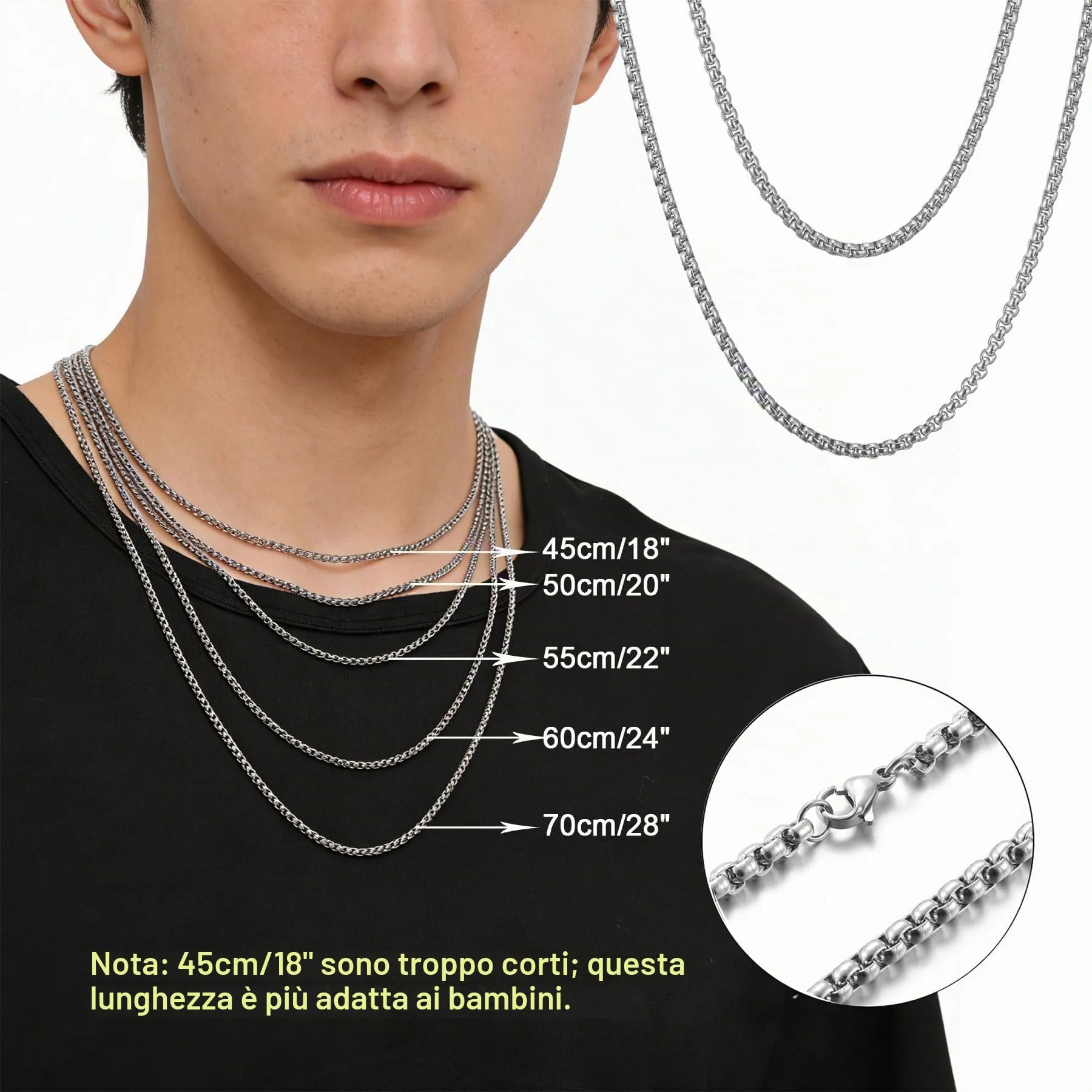 AFSTALR Collana in Acciaio Inossidabile Argento, Maglia Veneziana 2.5mm, 45cm - immagine 3