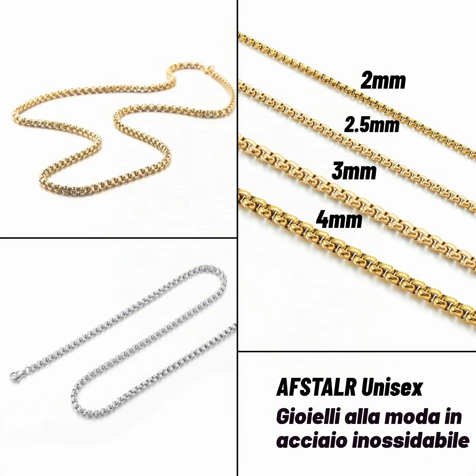 AFSTALR Collana in Acciaio Inossidabile Oro Maglia Veneziana 2mm, 55cm - immagine 5