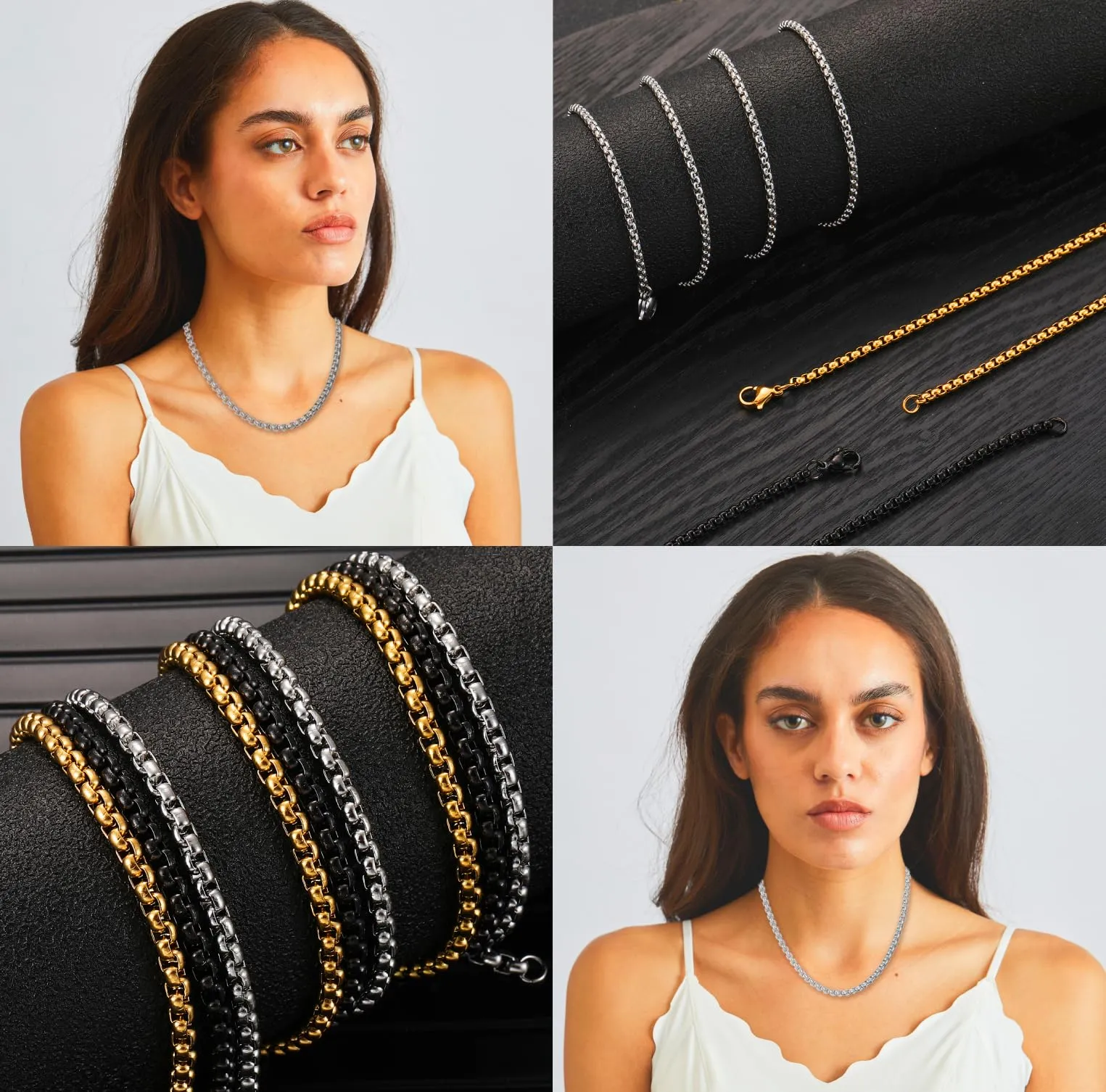 AFSTALR Collana in Acciaio Inossidabile Nero, Maglia Veneziana 4mm, Lunghezza 50cm - immagine 4