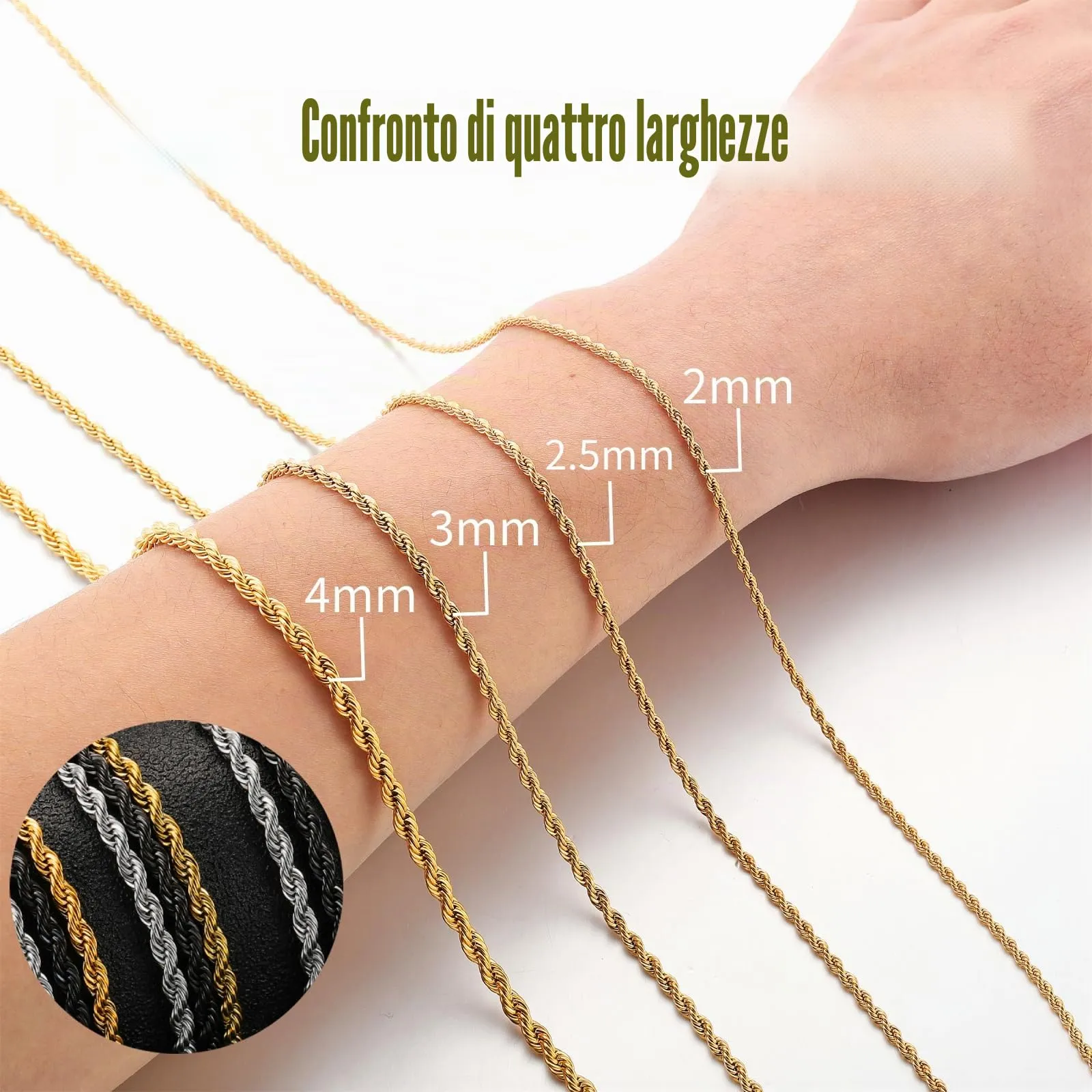 AFSTALR Collana Uomo Maglia Catena Twisted in Acciaio Inossidabile, Nero, 2mm x 70cm - immagine 4