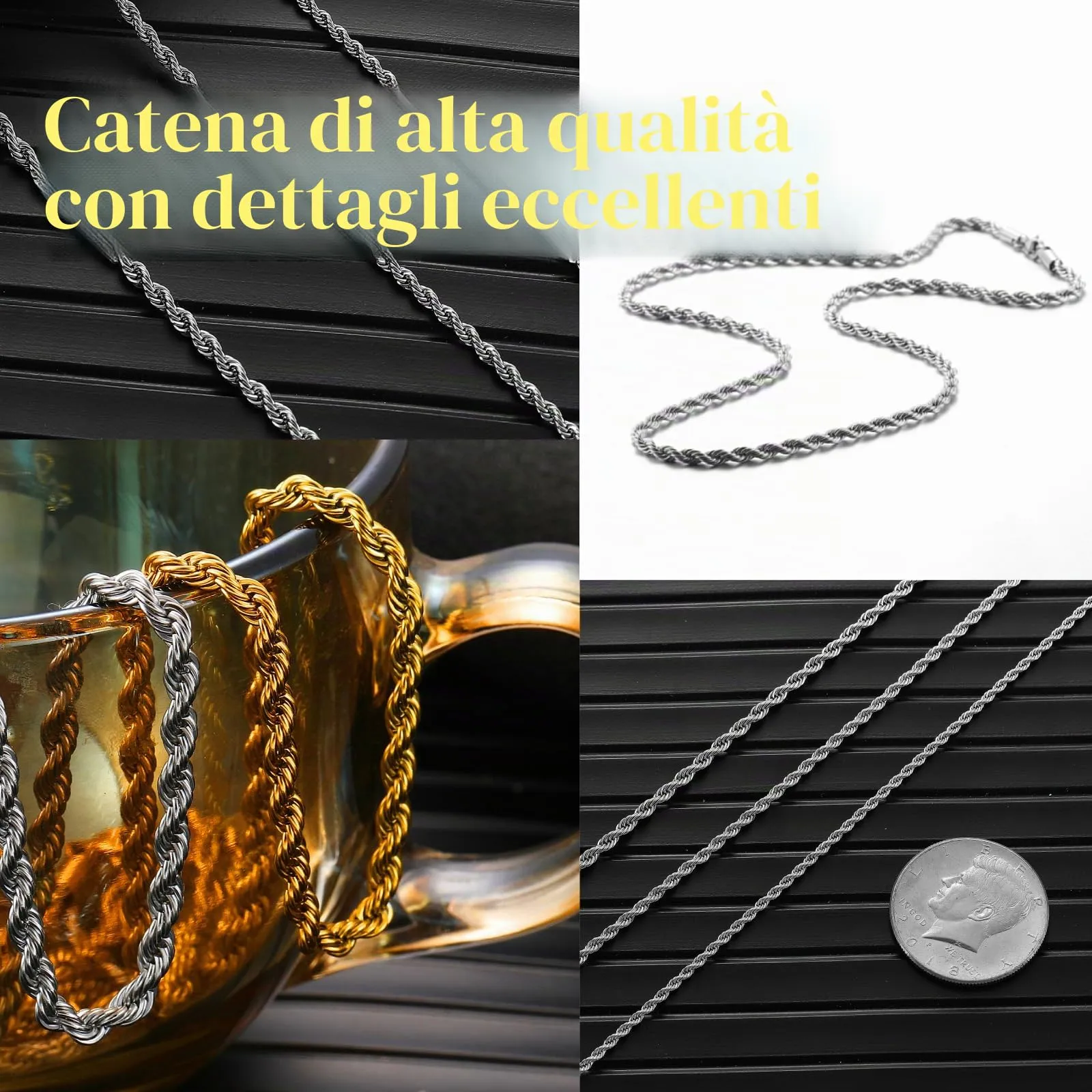 AFSTALR Collana Uomo Maglia Catena Twisted in Acciaio Inossidabile, Nero, 2mm x 70cm - immagine 5