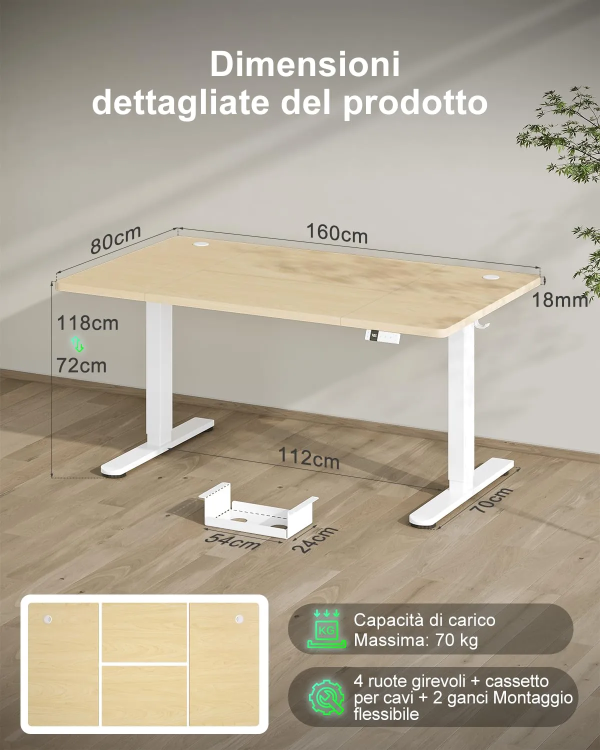 Devoko Scrivania Regolabile in Altezza 160x80 cm Rovere con Ruote - immagine 2