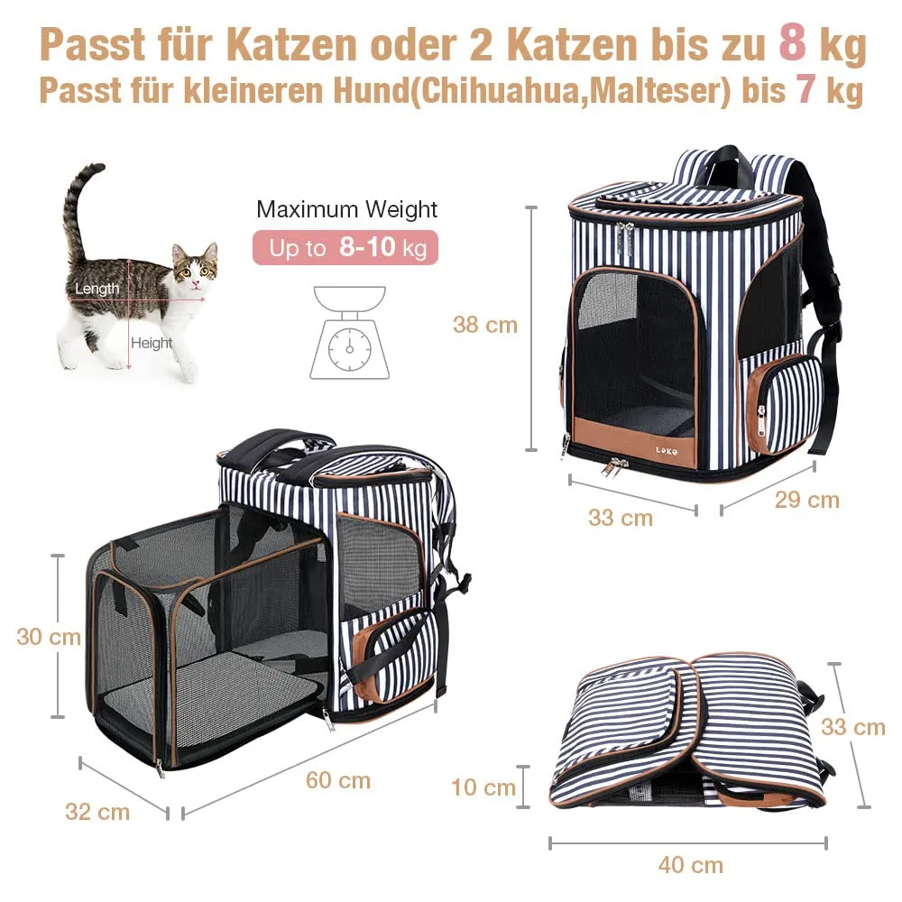 Lekesky Zaino Espandibile per Cani e Gatti, Large, fino a 8 kg, Traspirante e Pieghevole con 2 Tappetini, Righe - immagine 2