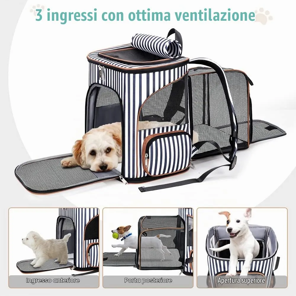 Lekesky Zaino Espandibile per Cani e Gatti, Large, fino a 8 kg, Traspirante e Pieghevole con 2 Tappetini, Righe - immagine 3