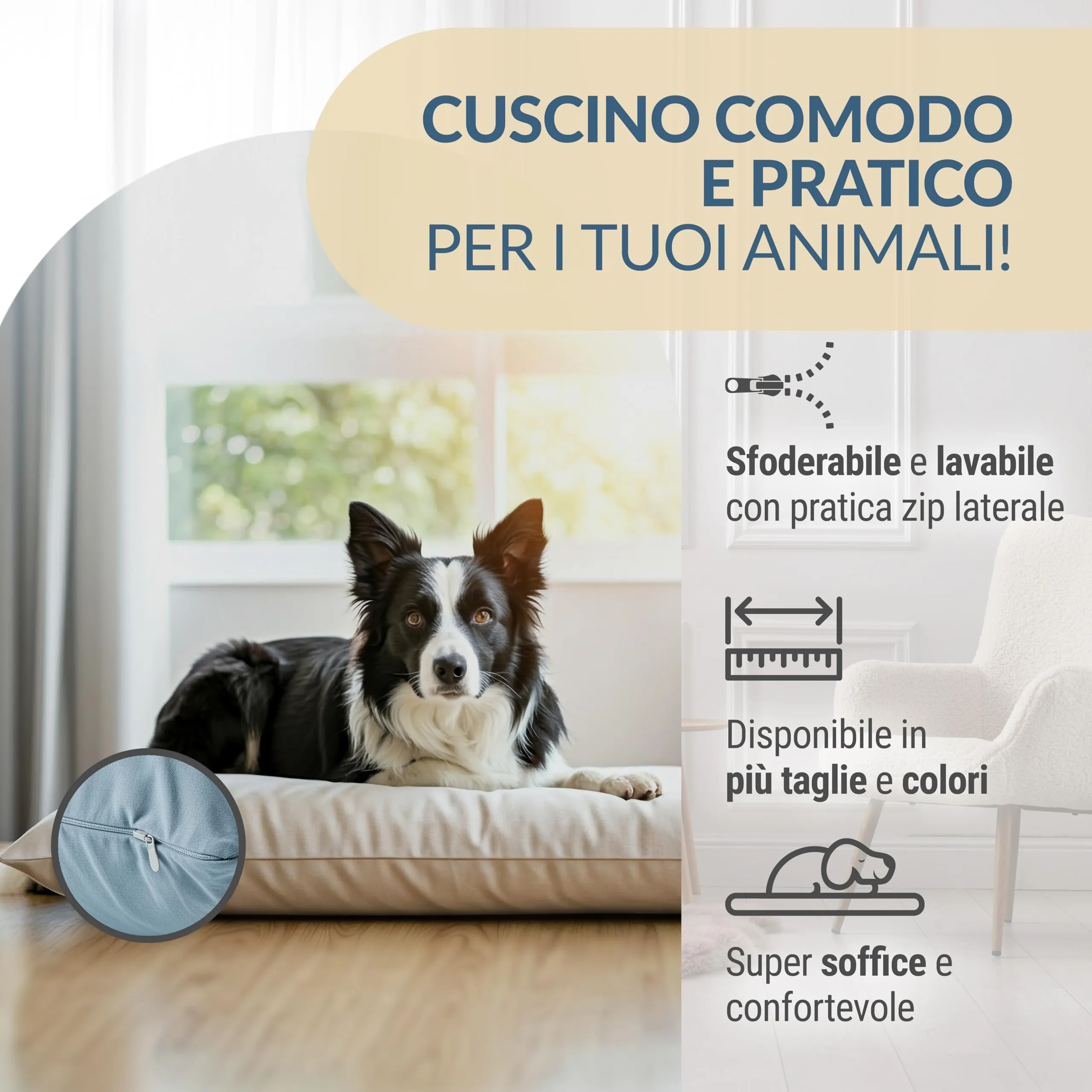 Dorian Home Cuscino Cane Sfoderabile e Lavabile, Antiacaro, Anallergico, 80 x 120 cm, Grafite - immagine 3