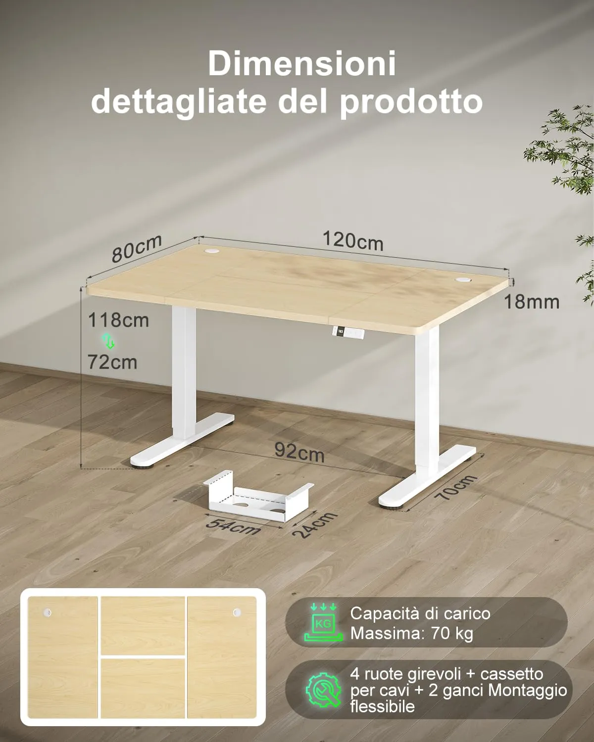 Devoko Scrivania Regolabile in Altezza 120x80 cm Rovere con Ruote - immagine 2