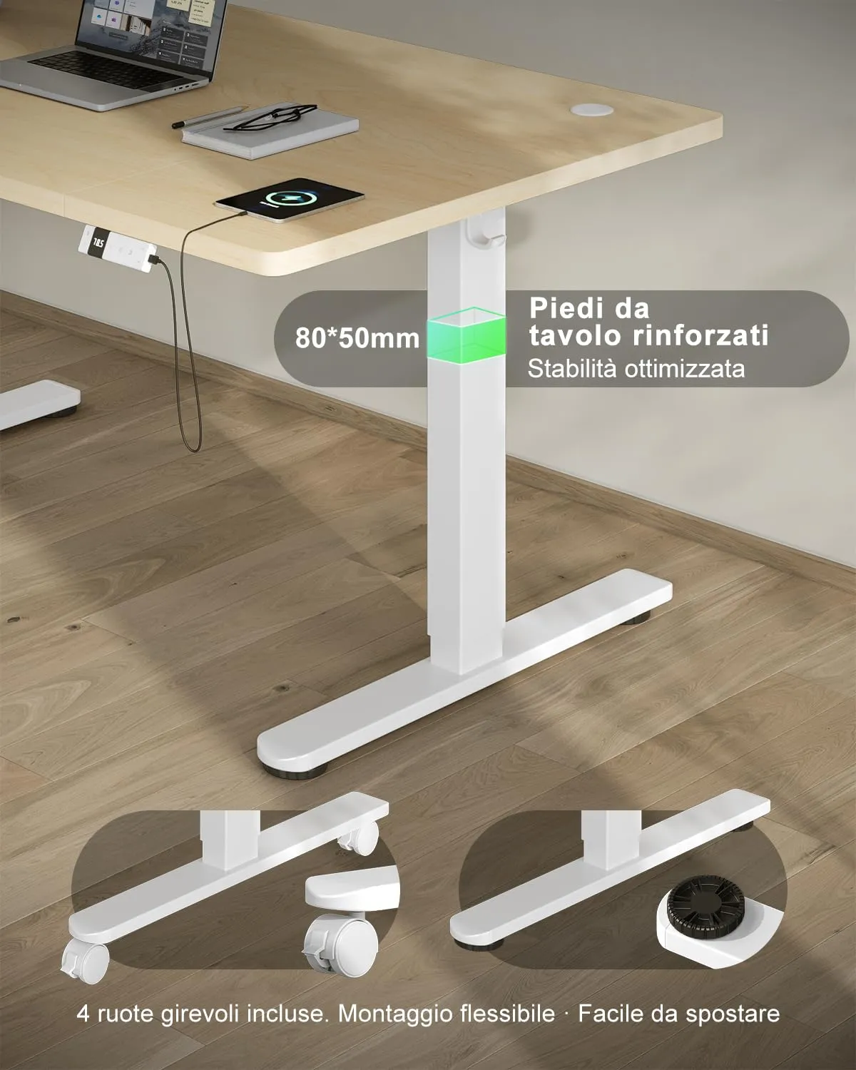 Devoko Scrivania Regolabile in Altezza 120x80 cm Rovere con Ruote - immagine 8