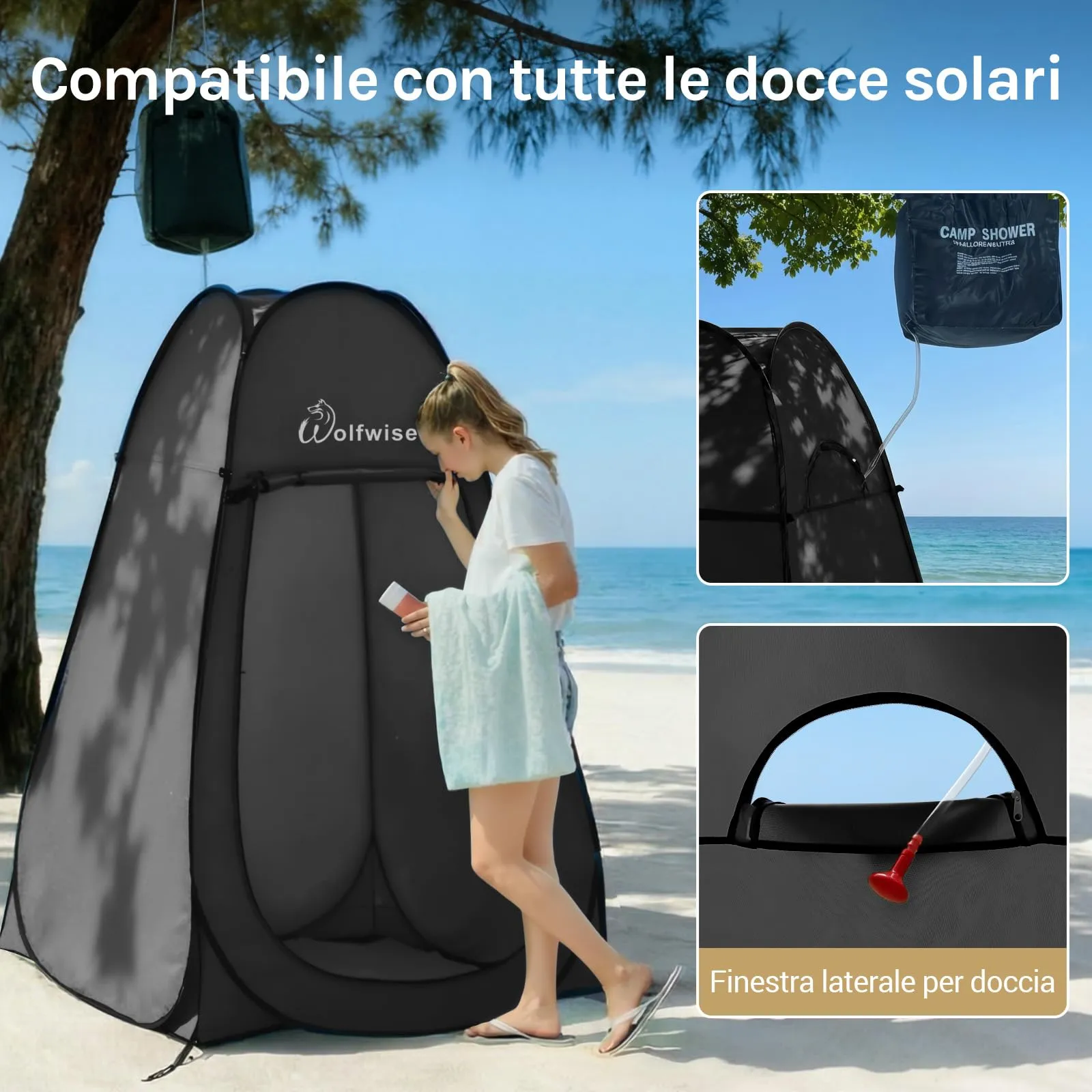 Wolfwise Tenda Pop-Up per Campeggio, Spogliatoio, Doccia e WC, 120 x 120 x 190 cm, Nero - immagine 4