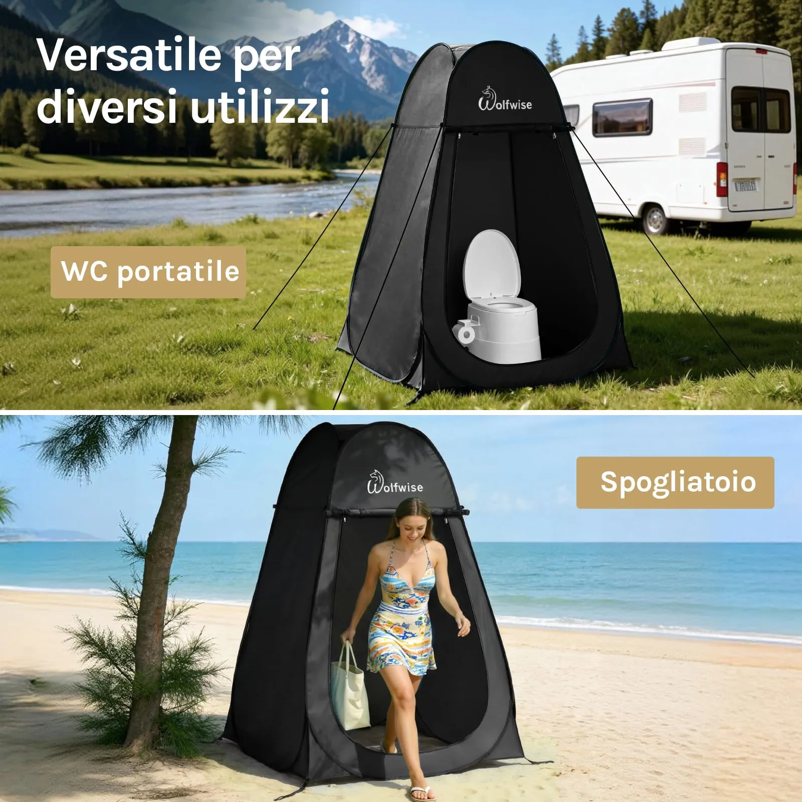 Wolfwise Tenda Pop-Up per Campeggio, Spogliatoio, Doccia e WC, 120 x 120 x 190 cm, Nero - immagine 5