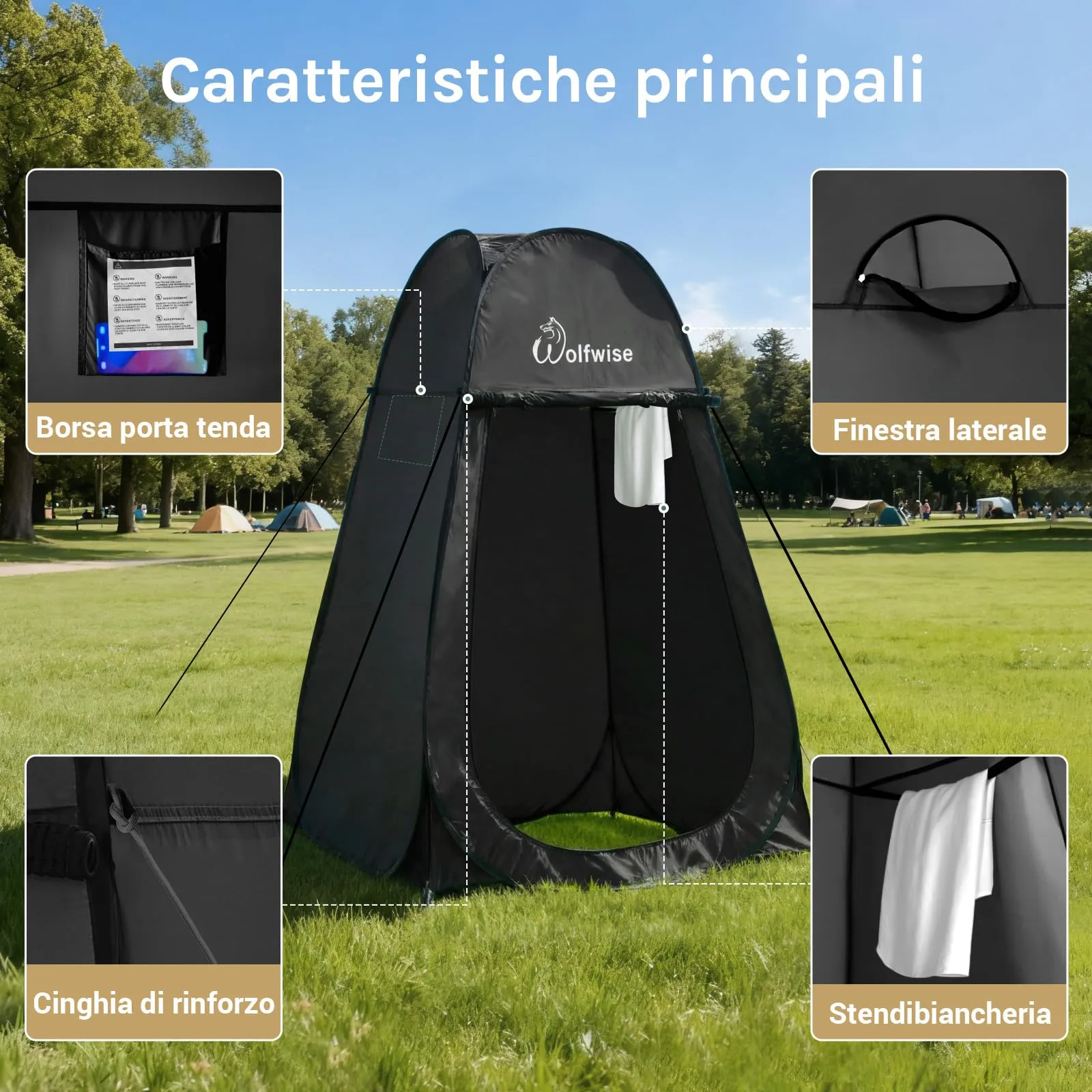 Wolfwise Tenda Pop-Up per Campeggio, Spogliatoio, Doccia e WC, 120 x 120 x 190 cm, Nero - immagine 7