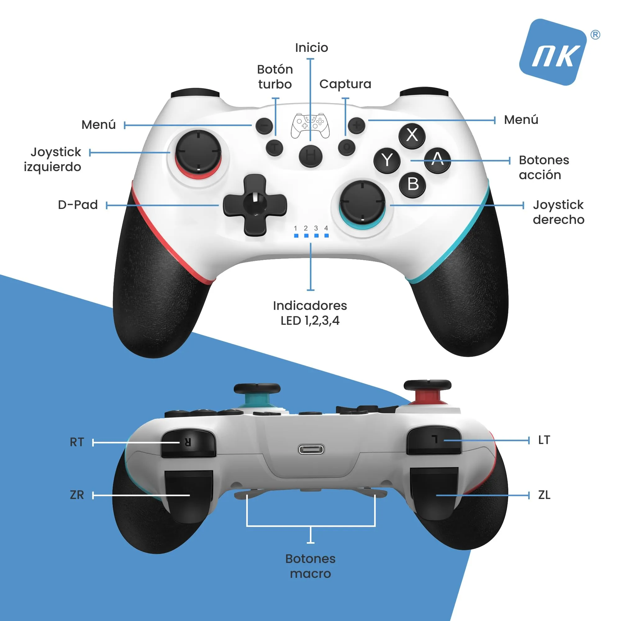 NK Telecomando Switch Wireless per Switch, OLED, Lite, Pro, Bluetooth, 6 assi, Macro, Turbo, Doppia Vibrazione, Bianco - immagine 3