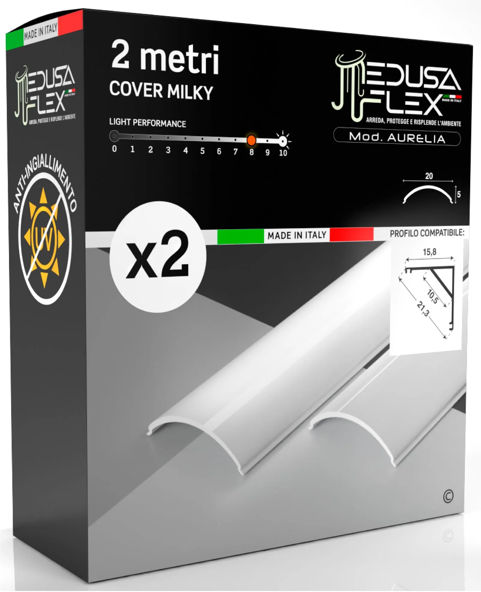 Eurocali Cover Angolare Profilo Alluminio per Strisce LED Medusaflex mod. Aurelia, 2 Metri, Milky, Pacco da 2 - immagine 1