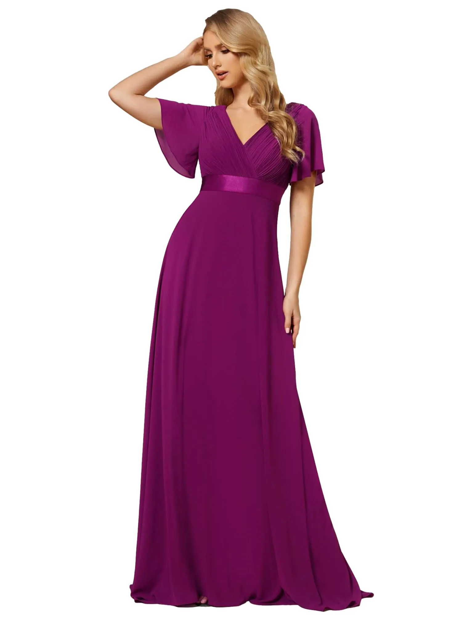Ever-Pretty Vestito da Cerimonia Scollo a V Linea ad A con Spacco 09890 Fuchsia 36 - immagine 1