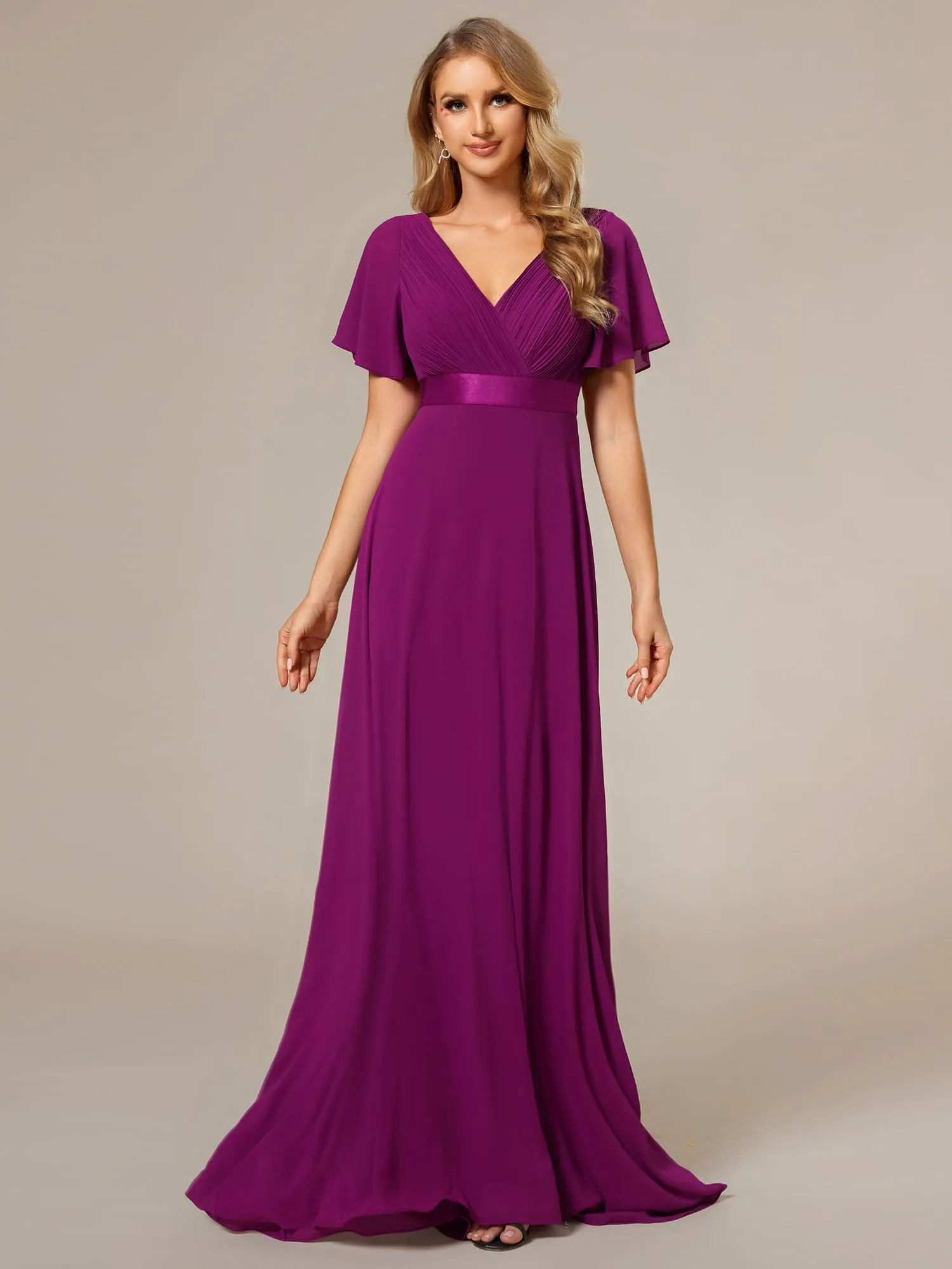 Ever-Pretty Vestito da Cerimonia Scollo a V Linea ad A con Spacco 09890 Fuchsia 36 - immagine 3