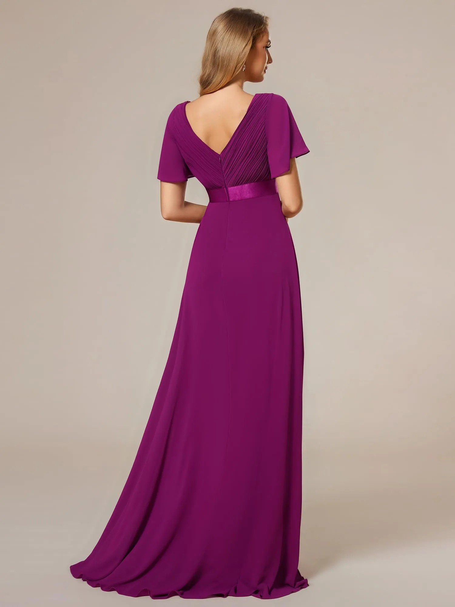 Ever-Pretty Vestito da Cerimonia Scollo a V Linea ad A con Spacco 09890 Fuchsia 36 - immagine 5