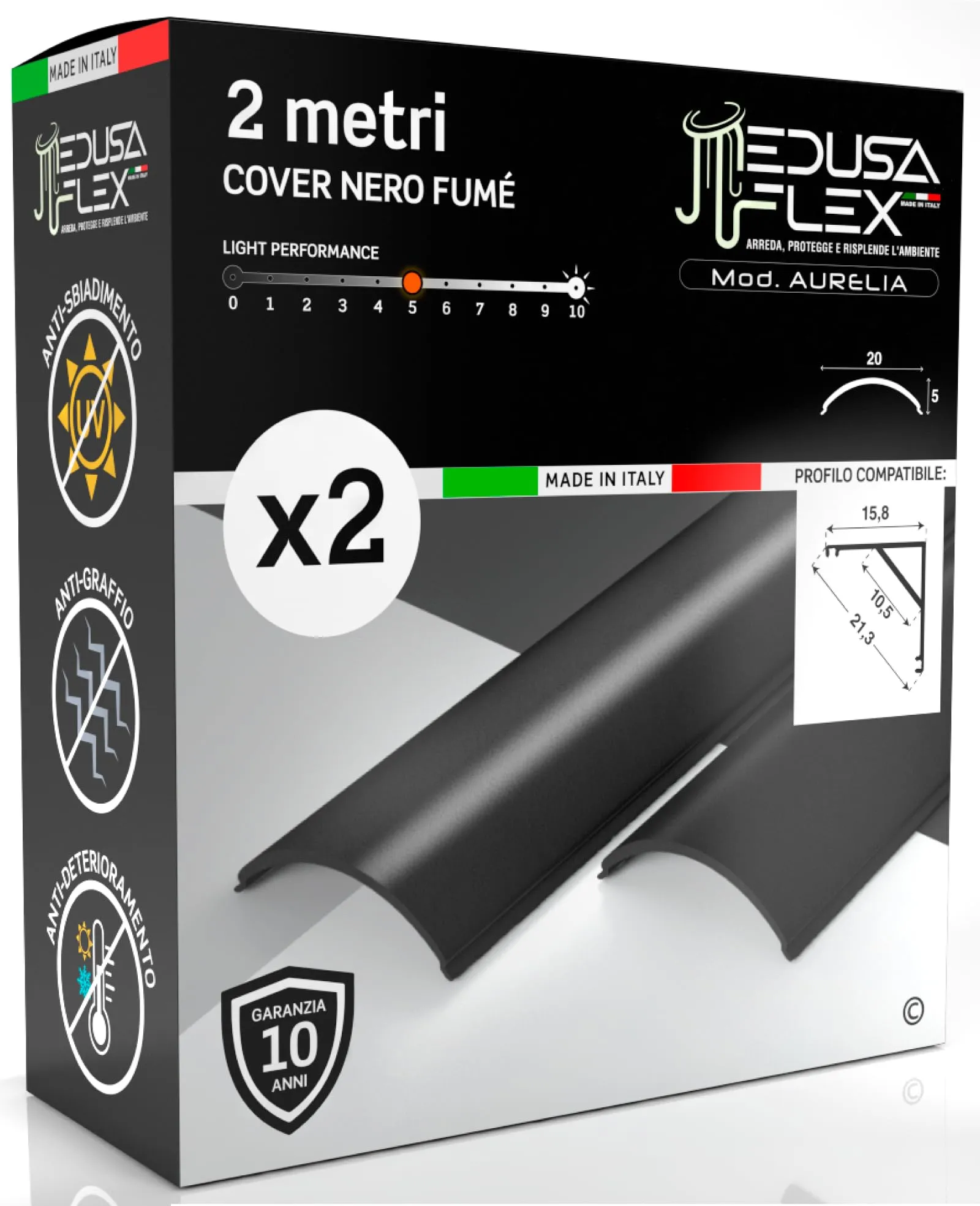 Eurocali Cover Angolare Profilo alluminio per Strisce LED MEDUSAFLEX mod. Aurelia 2 Metri, Nera Fumé, Pacco da 2 - immagine 1