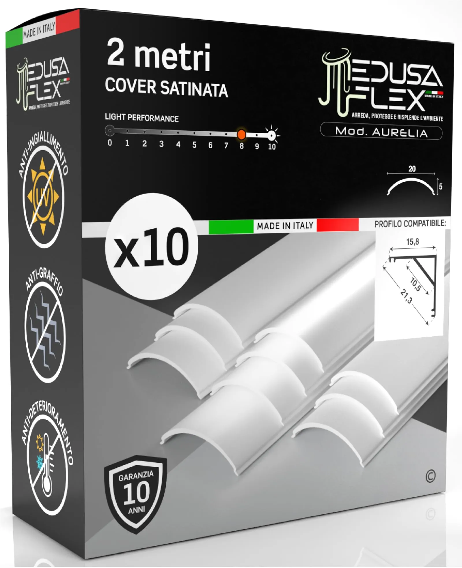 Eurocali Cover Angolare Profilo Alluminio per Strisce LED Medusaflex mod. Aurelia, Satinata, Policarbonato Stabilizzato UV, 2 Metri - Pacco da 10 - immagine 1