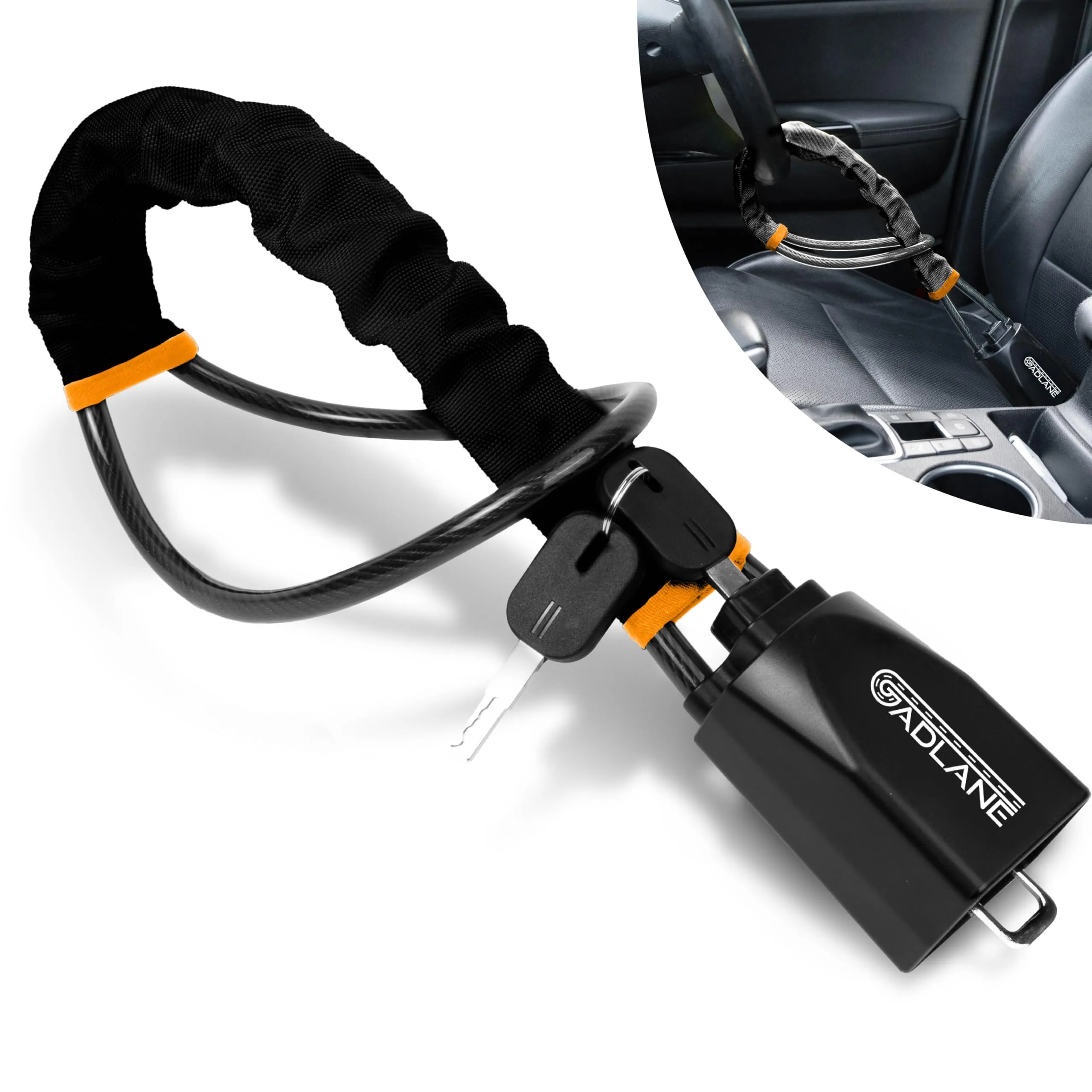 GADLANE Bloccasterzo e blocco cintura di sicurezza antifurto per auto e caravan, nero, con 2 chiavi - immagine 1