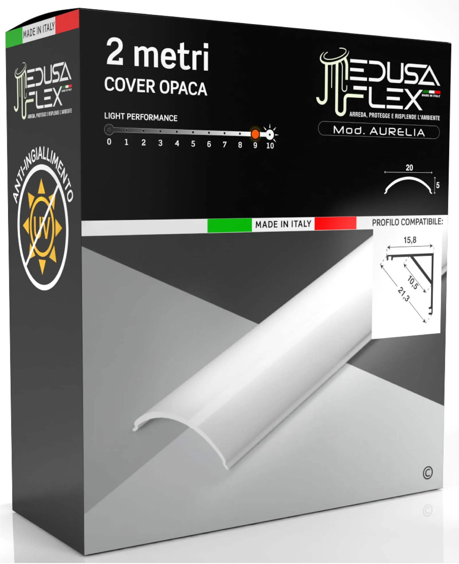 Eurocali Cover Angolare Profilo Alluminio per Strisce LED Medusaflex mod. Aurelia, 2 Metri, Opaca, Policarbonato stabilizzato UV UL94HB - immagine 1