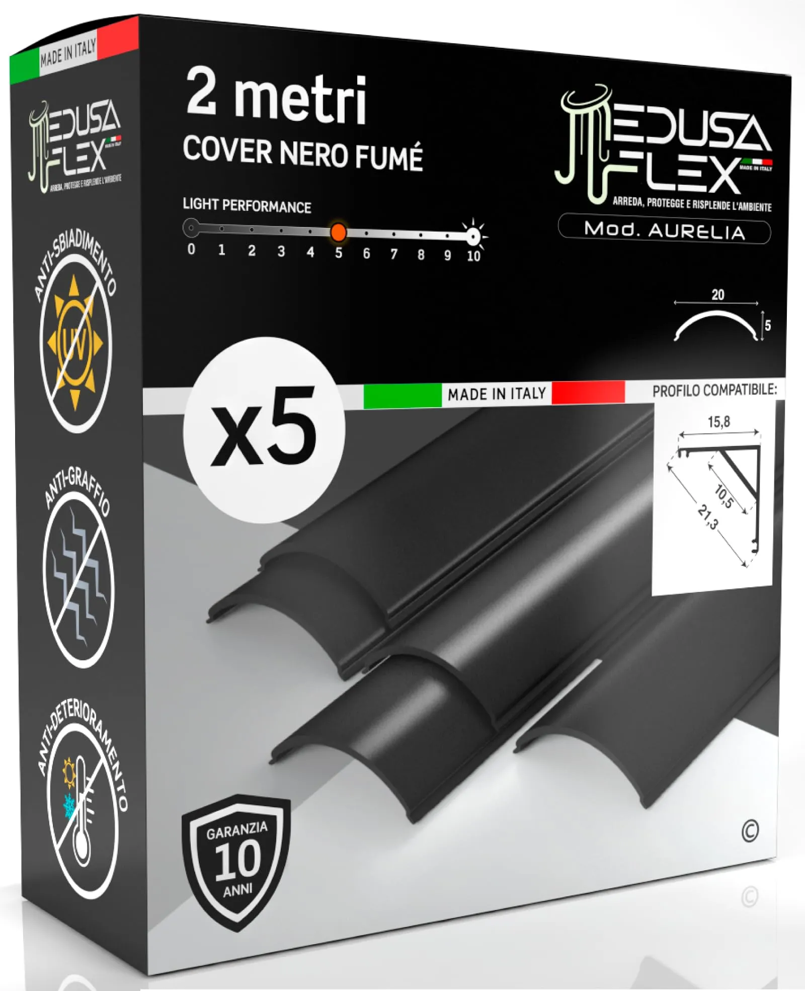 Eurocali Cover Angolare mod. Aurelia per Strisce LED Medusaflex, 2 Metri, Nera Fumé, Pacco da 5 - immagine 1