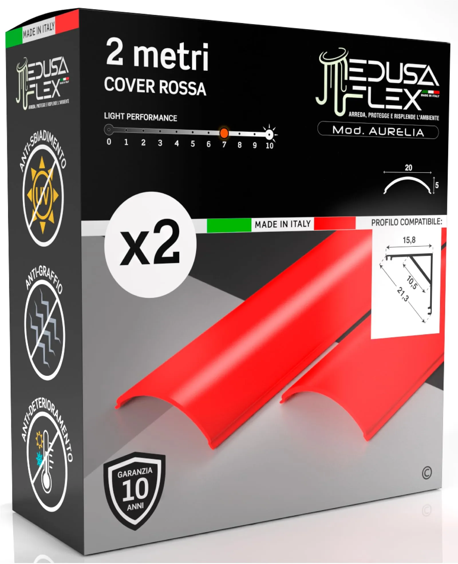 Eurocali Cover Angolare Profilo Alluminio per Strisce LED Medusaflex mod. Aurelia, 2 Metri, Rossa, Pacco da 2 - immagine 1