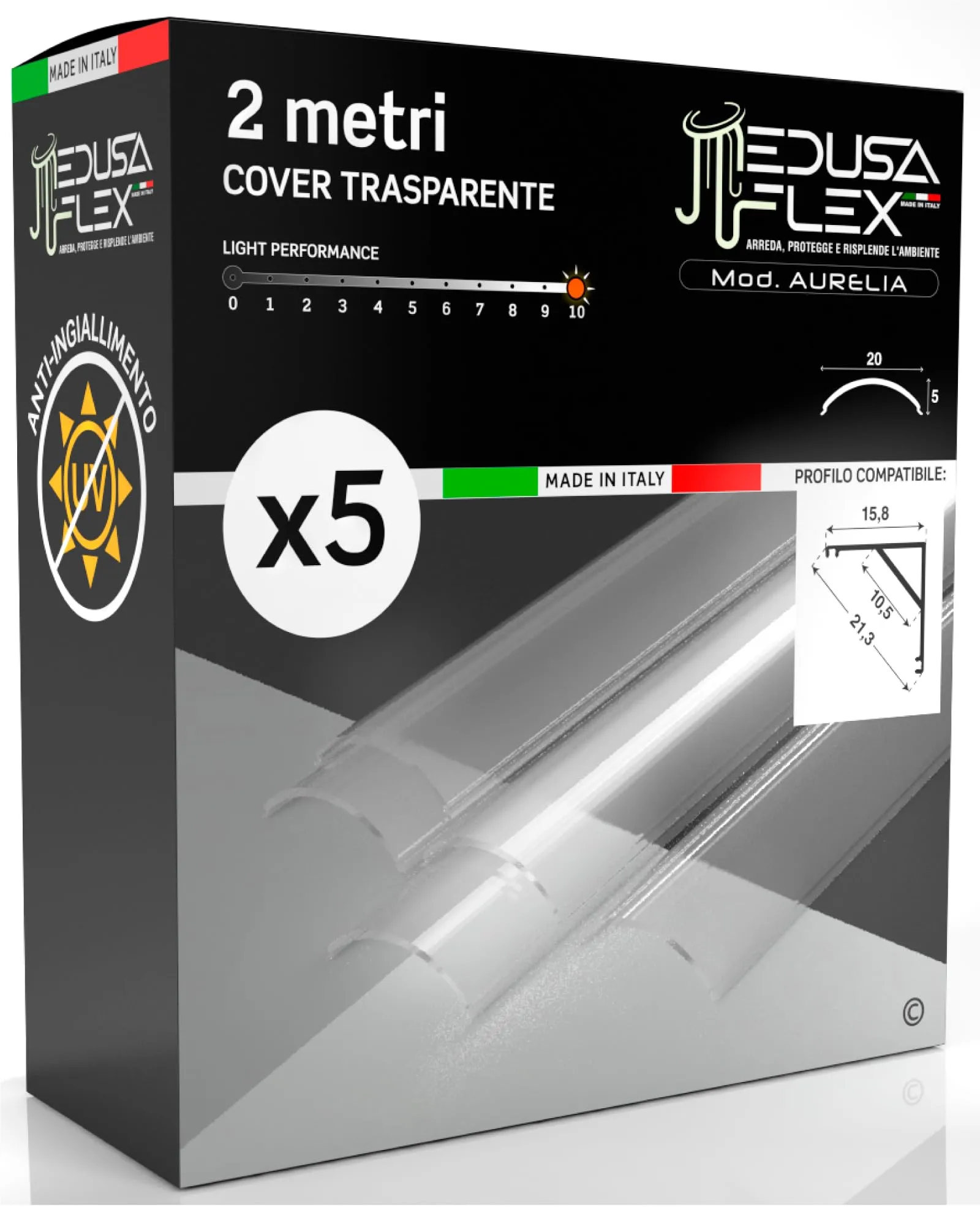 Eurocali Cover Angolare Profilo Alluminio per Strisce LED Medusaflex mod. Aurelia, 2 Metri, Trasparente, Policarbonato stabilizzato UV, Pacco da 5 - immagine 1