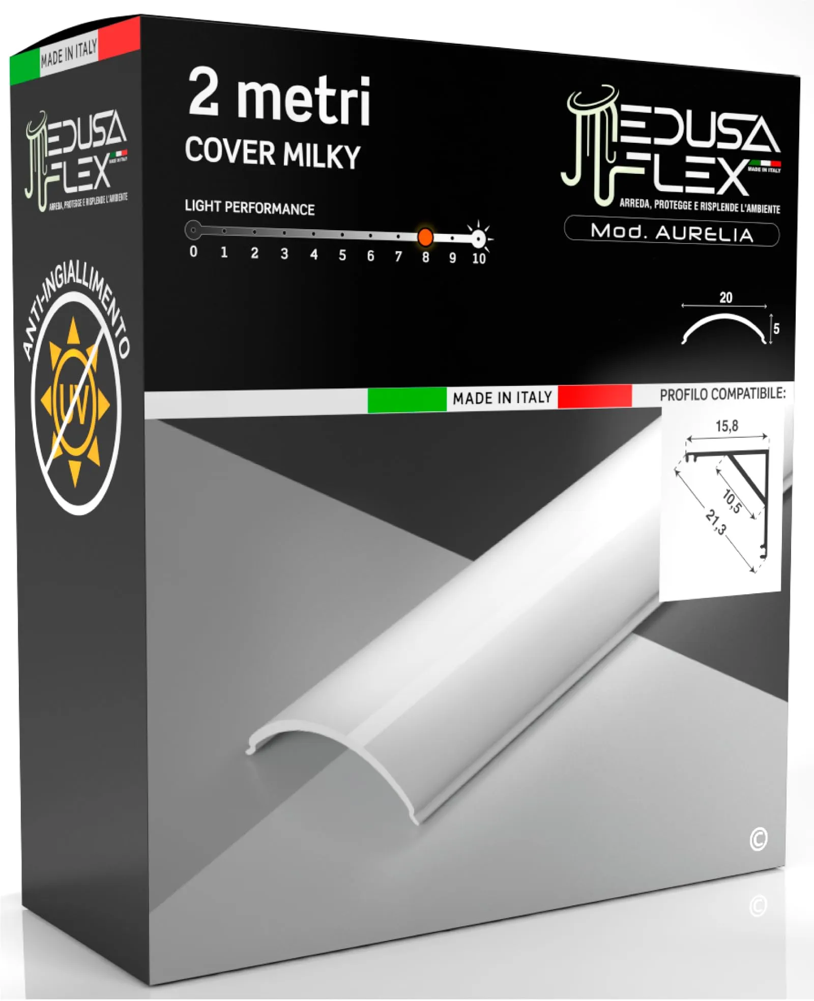 Eurocali Cover Angolare Profilo alluminio per Strisce LED Medusaflex mod. Aurelia, 2 Metri, Milky, Policarbonato stabilizzato UV certificata UL94HB - immagine 1