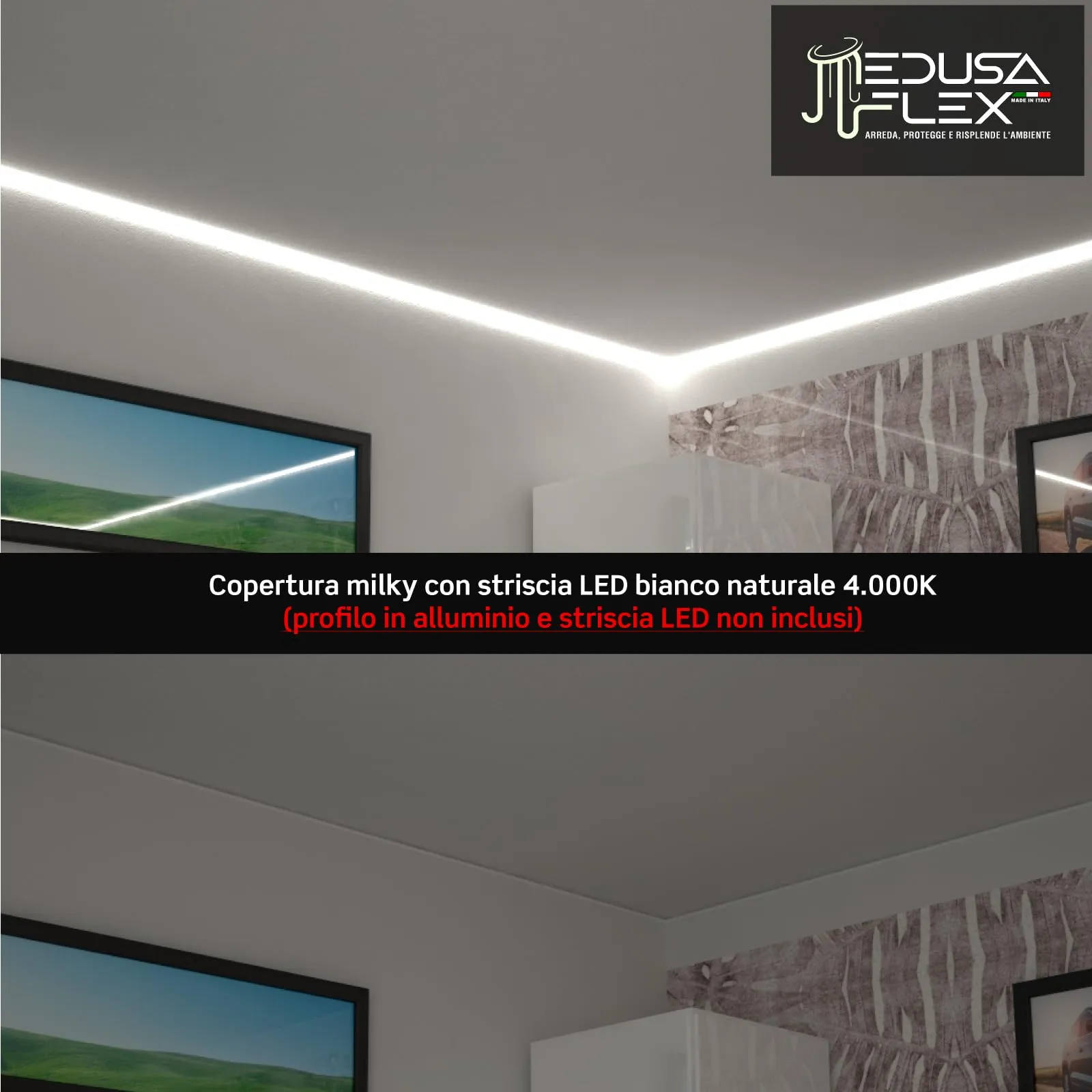Eurocali Cover Angolare Profilo alluminio per Strisce LED Medusaflex mod. Aurelia, 2 Metri, Milky, Policarbonato stabilizzato UV certificata UL94HB - immagine 5