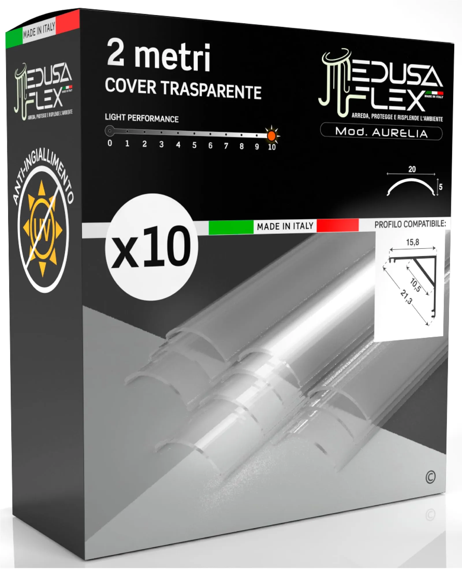 Eurocali Cover Angolare Profilo Alluminio per Strisce LED Medusaflex mod. Aurelia, 2 Metri, Trasparente, Pacco da 10 - immagine 1