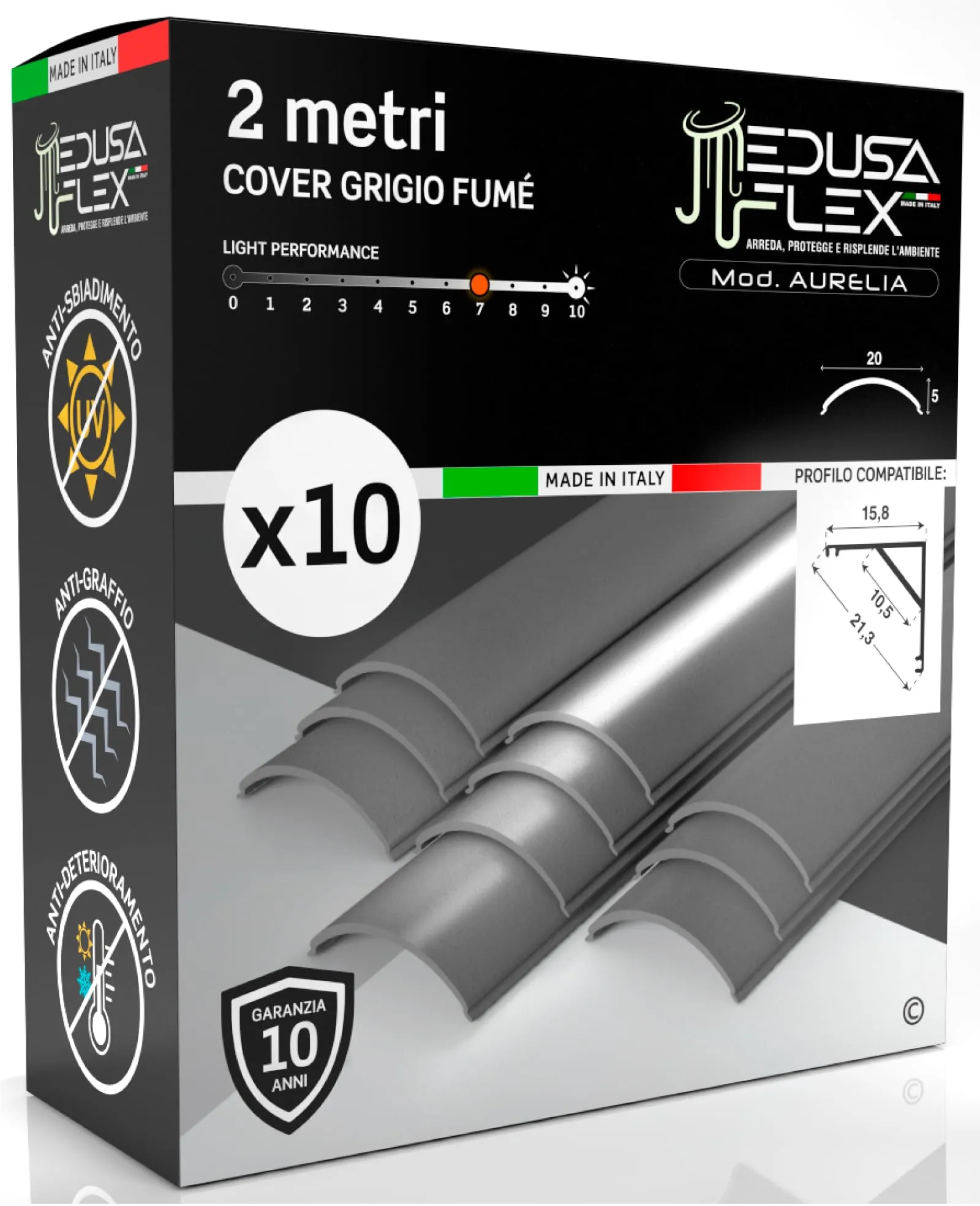 Eurocali Cover Angolare Profilo alluminio per Strisce LED Medusaflex mod. Aurelia 2 Metri - Grigia Fumé - Pacco da 10 - immagine 1