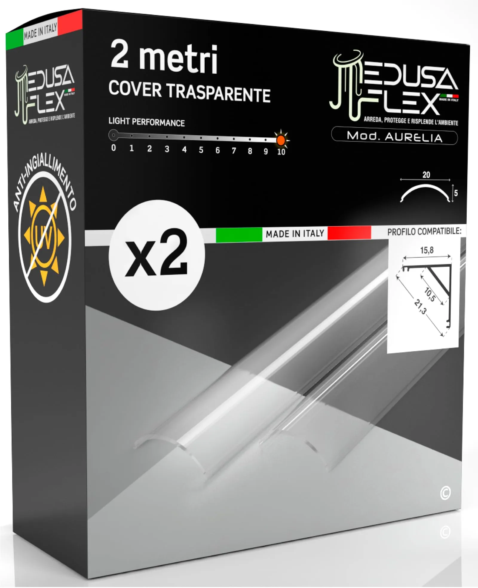 Eurocali Cover Angolare Profilo Alluminio per Strisce LED Medusaflex mod. Aurelia, 2 Metri, Trasparente, Pacco da 2 - immagine 1