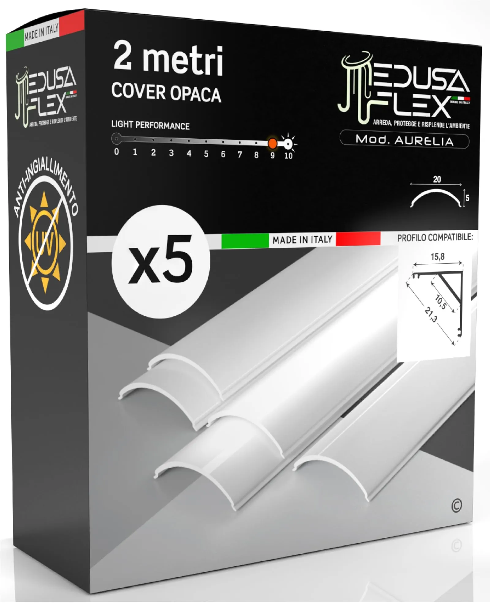 Eurocali Cover Angolare Profilo Alluminio per Strisce LED Medusaflex mod. Aurelia, 2 Metri, Opaca, Pacco da 5 - immagine 1