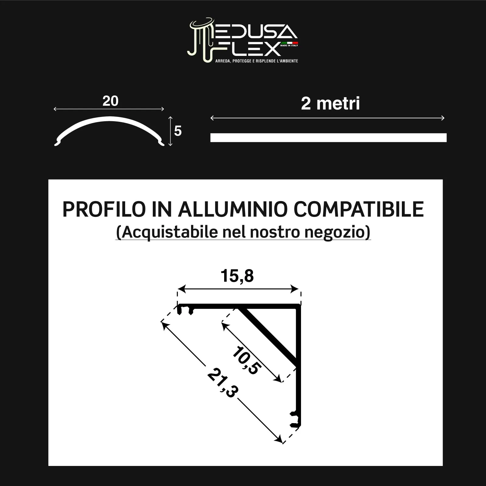 Eurocali Cover Angolare Profilo Alluminio per Strisce LED Medusaflex mod. Aurelia, 2 Metri, Opaca, Pacco da 5 - immagine 4