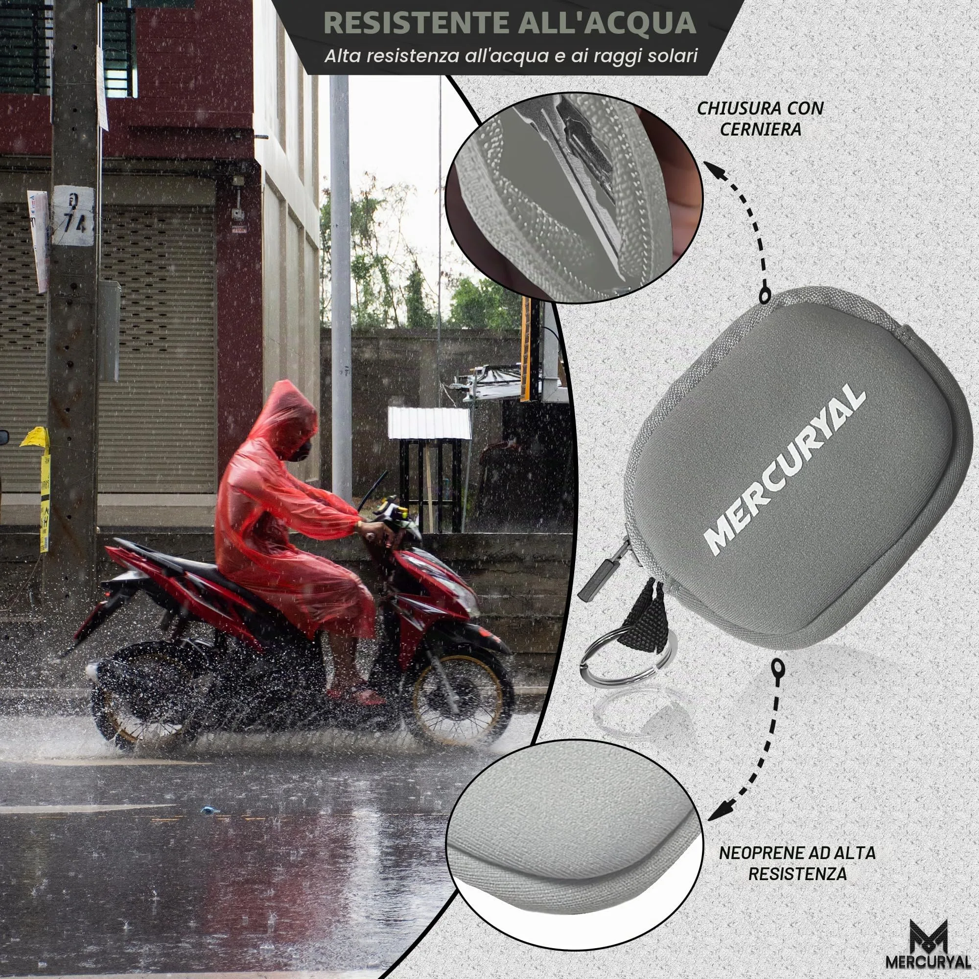 MERCURYAL Portachiavi Moto in Neoprene con Anello, Grigio - immagine 5