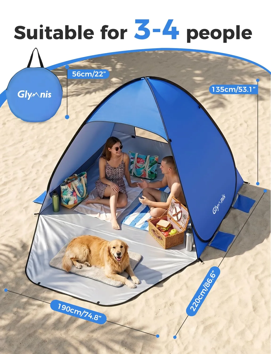 Glymnis Tenda da Spiaggia Pop-up con Cerniera, UPF 50+, 3-4 Persone - immagine 2