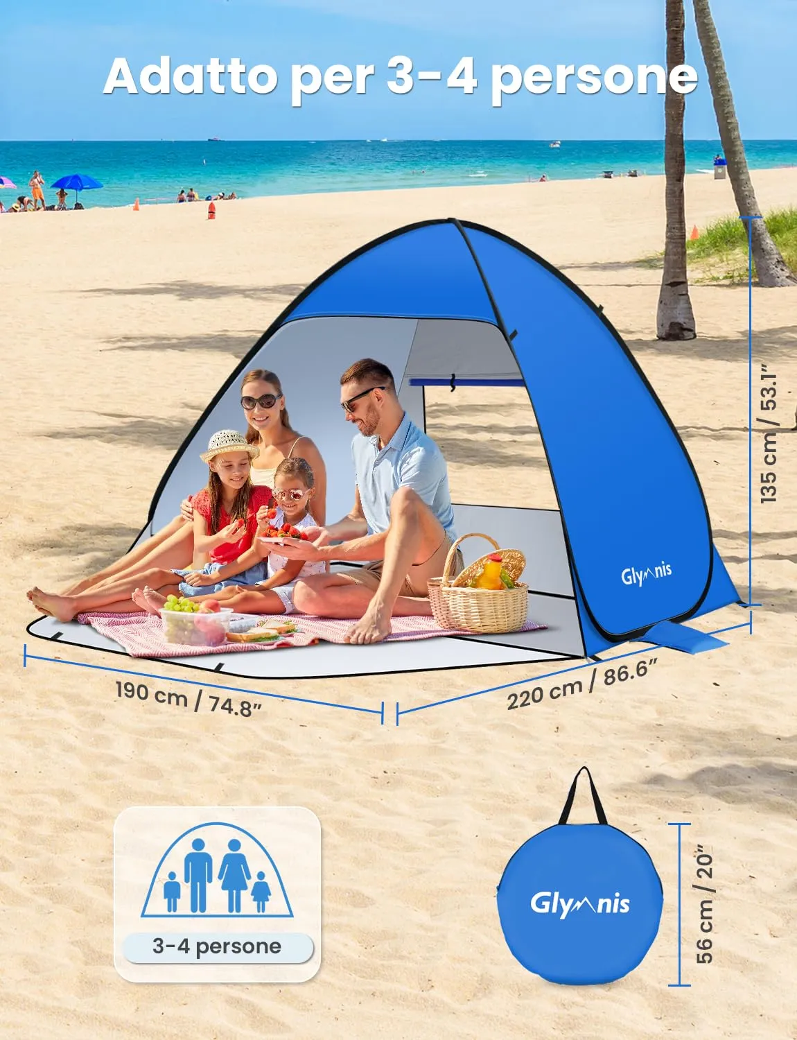 Glymnis Tenda da Spiaggia Pop-up con Cerniera, UPF 50+, 3-4 Persone - immagine 3