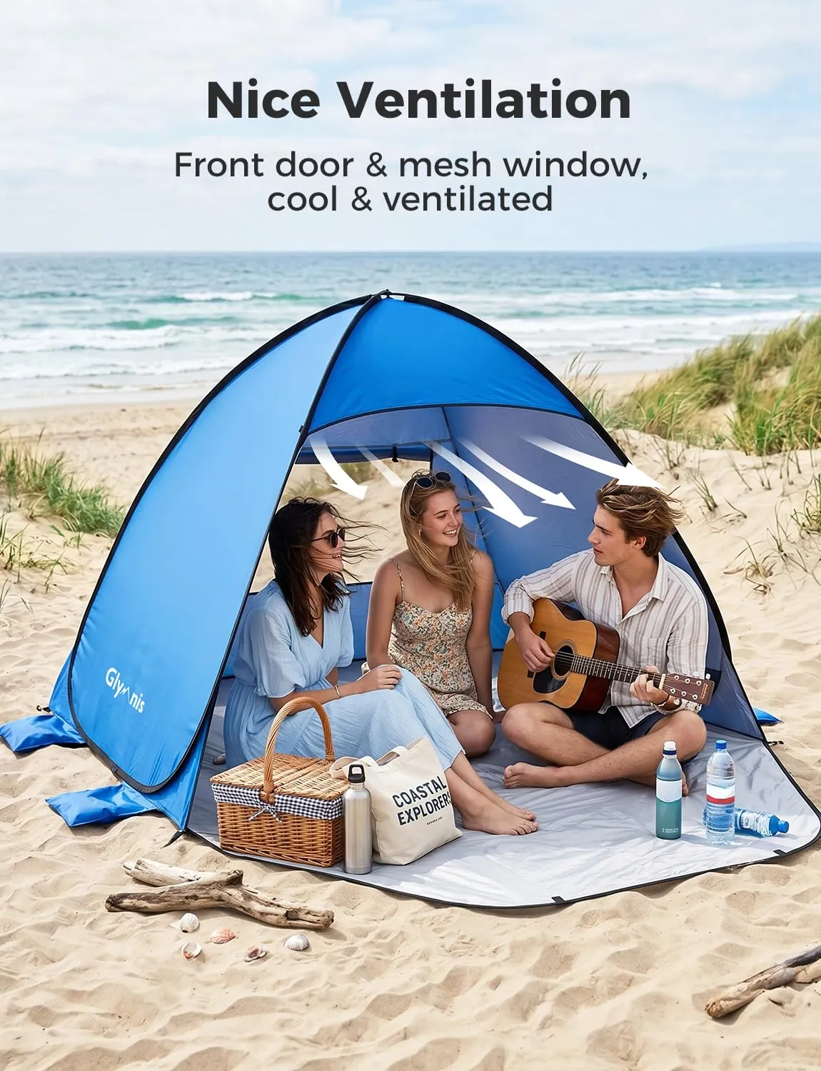 Glymnis Tenda da Spiaggia Pop-up con Cerniera, UPF 50+, 3-4 Persone - immagine 5