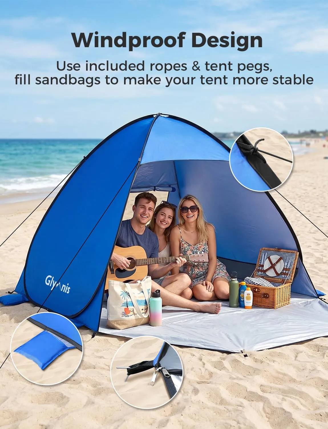 Glymnis Tenda da Spiaggia Pop-up con Cerniera, UPF 50+, 3-4 Persone - immagine 6