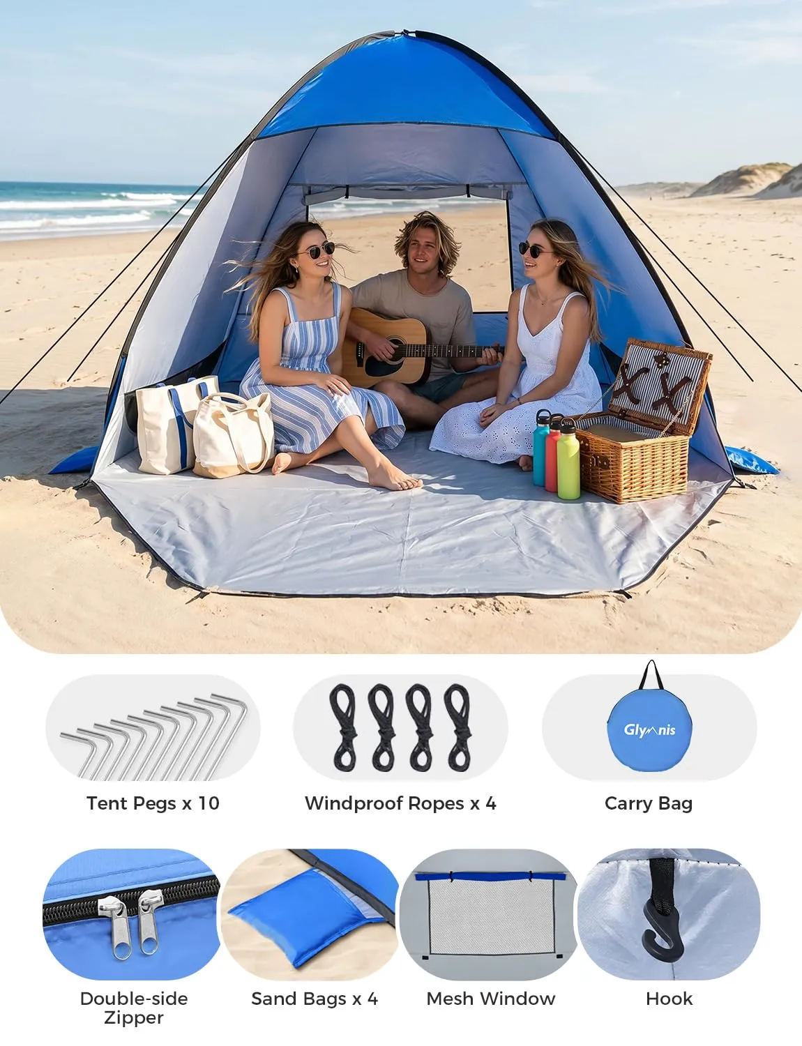 Glymnis Tenda da Spiaggia Pop-up con Cerniera, UPF 50+, 3-4 Persone - immagine 8
