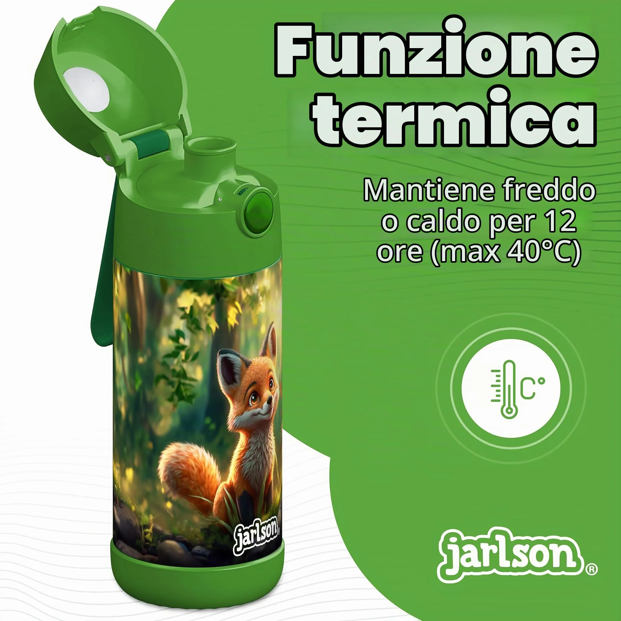 Jarlson Borraccia Termica Bambini Mali 350ml Acciaio Inox - Volpe - immagine 3