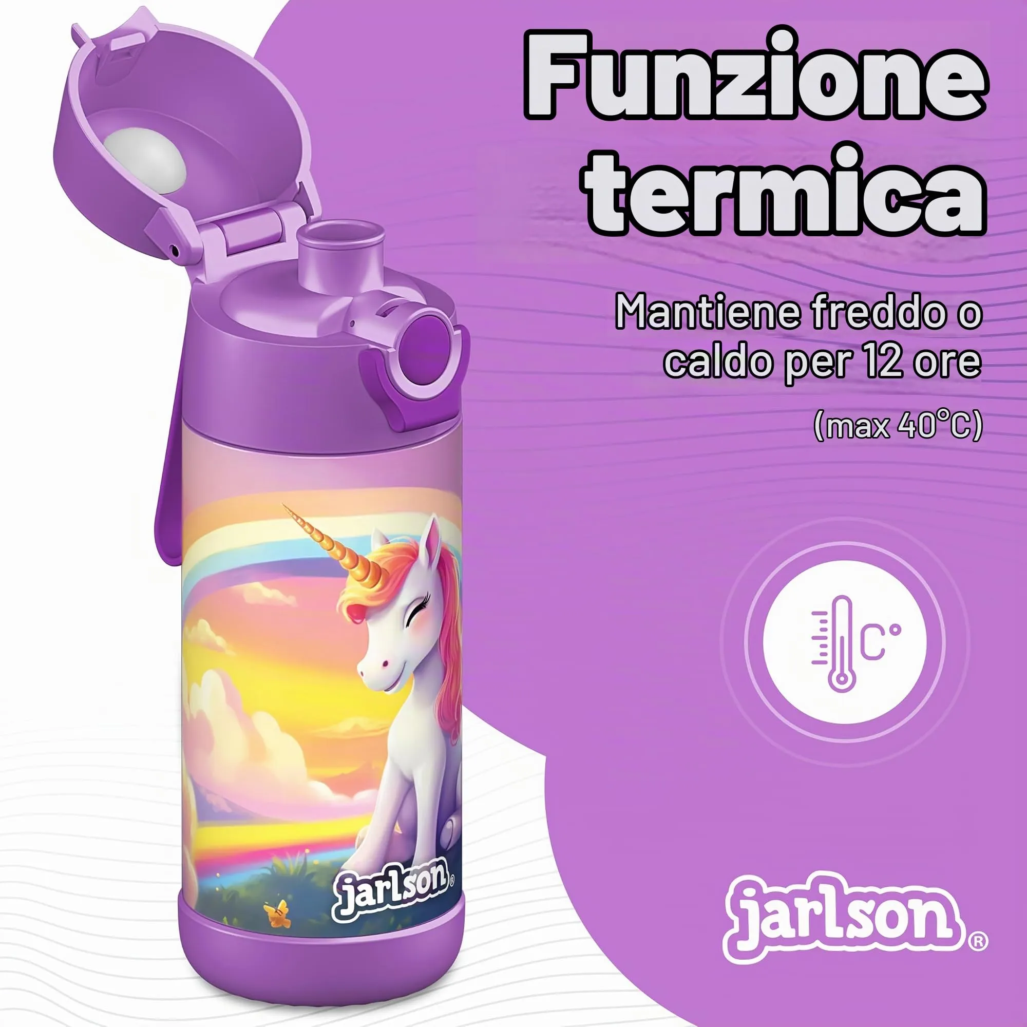 Jarlson Borraccia Termica Bambini Mali 350ml Acciaio Inox Unicorno 2.0 - immagine 3