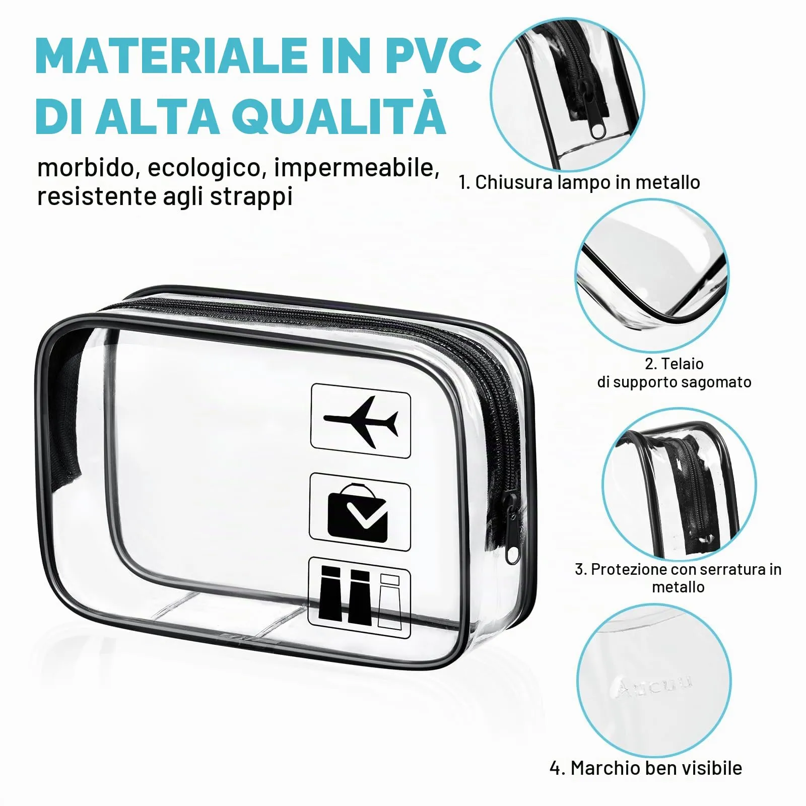 Aucuu Beauty Case Trasparente, Borsa da Toilettatura Impermeabile per Cosmetici e Viaggio - immagine 3
