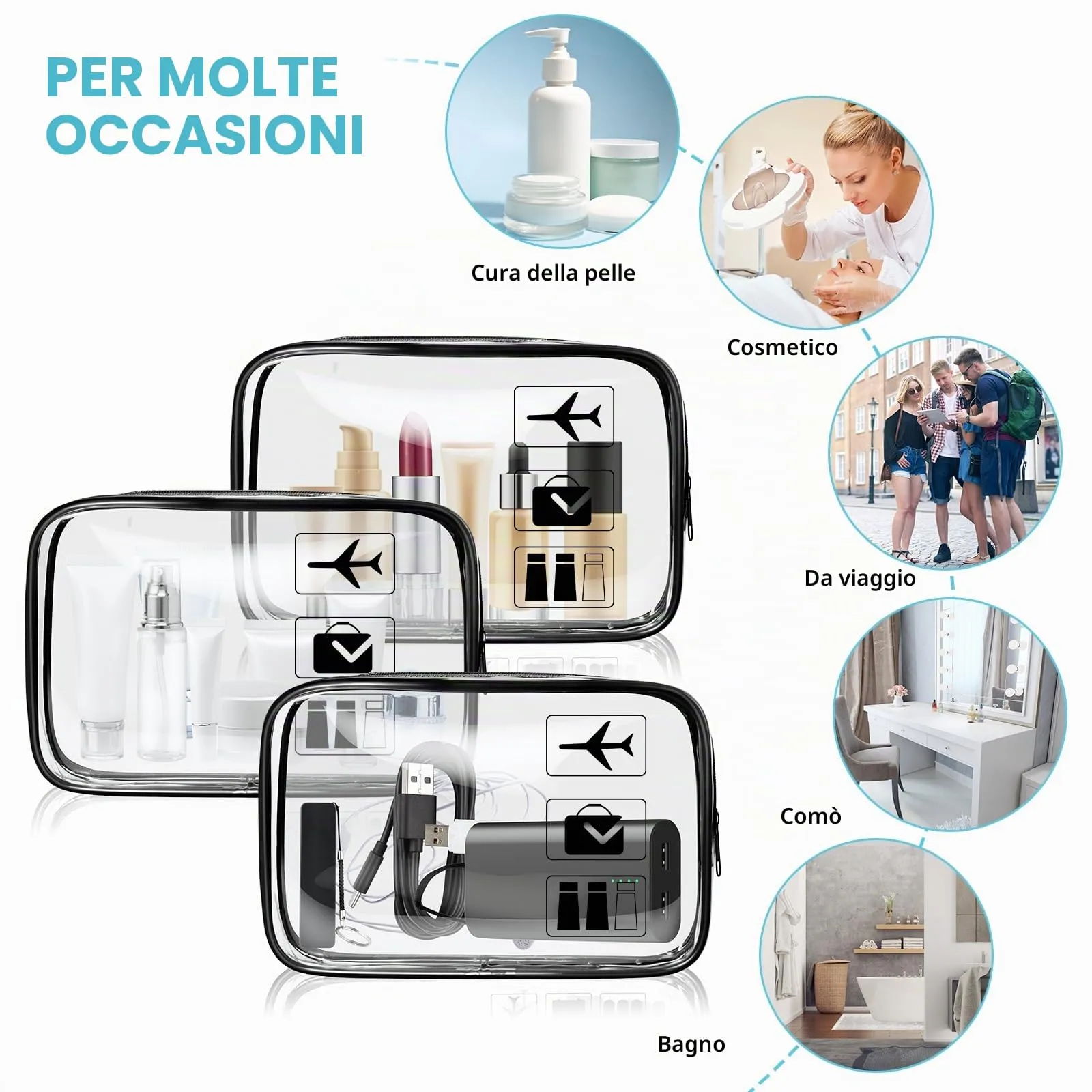 Aucuu Beauty Case Trasparente, Borsa da Toilettatura Impermeabile per Cosmetici e Viaggio - immagine 4