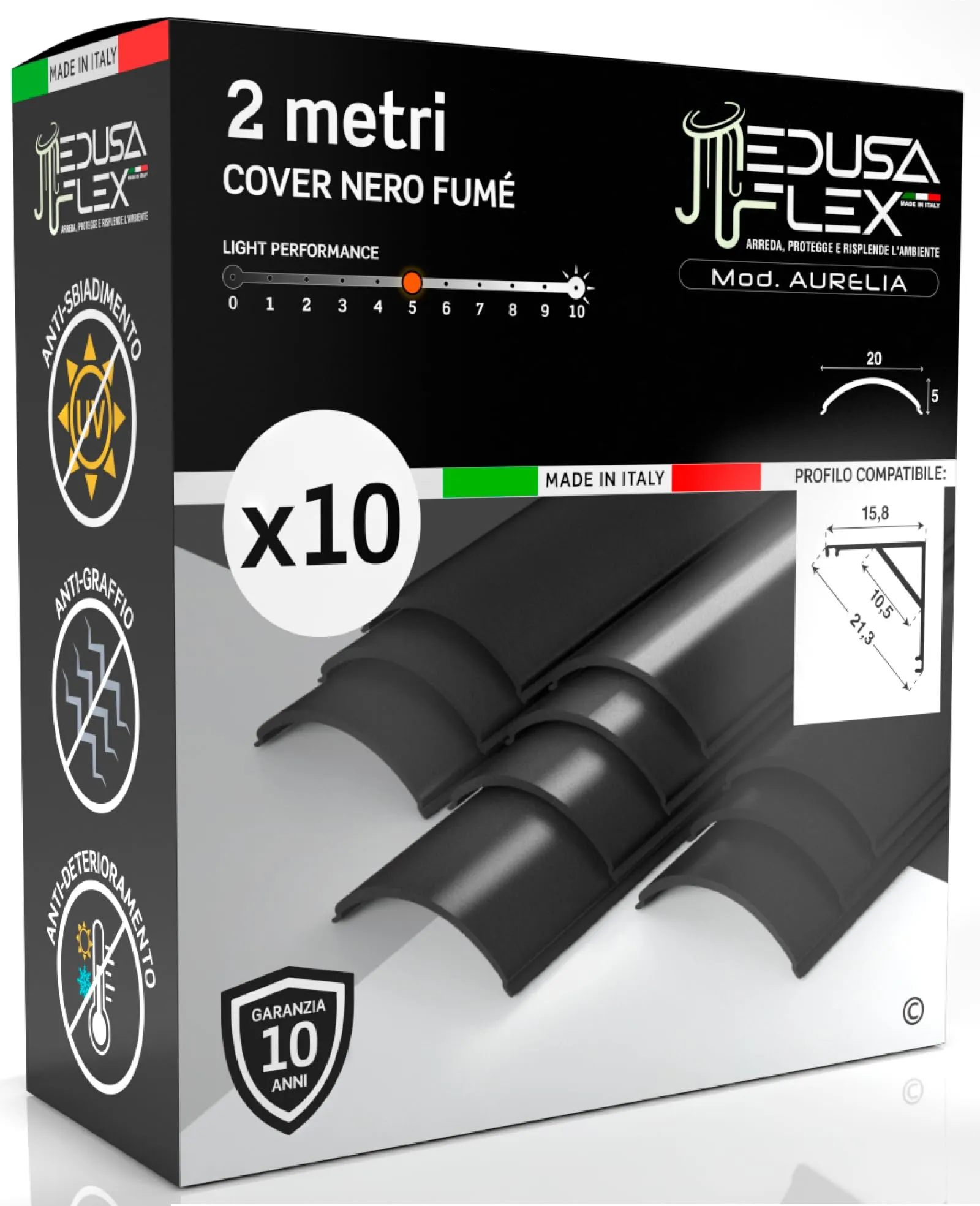 Eurocali Cover Angolare Profilo Alluminio per Strisce LED Medusaflex mod. Aurelia, 2 Metri, Nera Fumé, Pacco da 10 - immagine 1