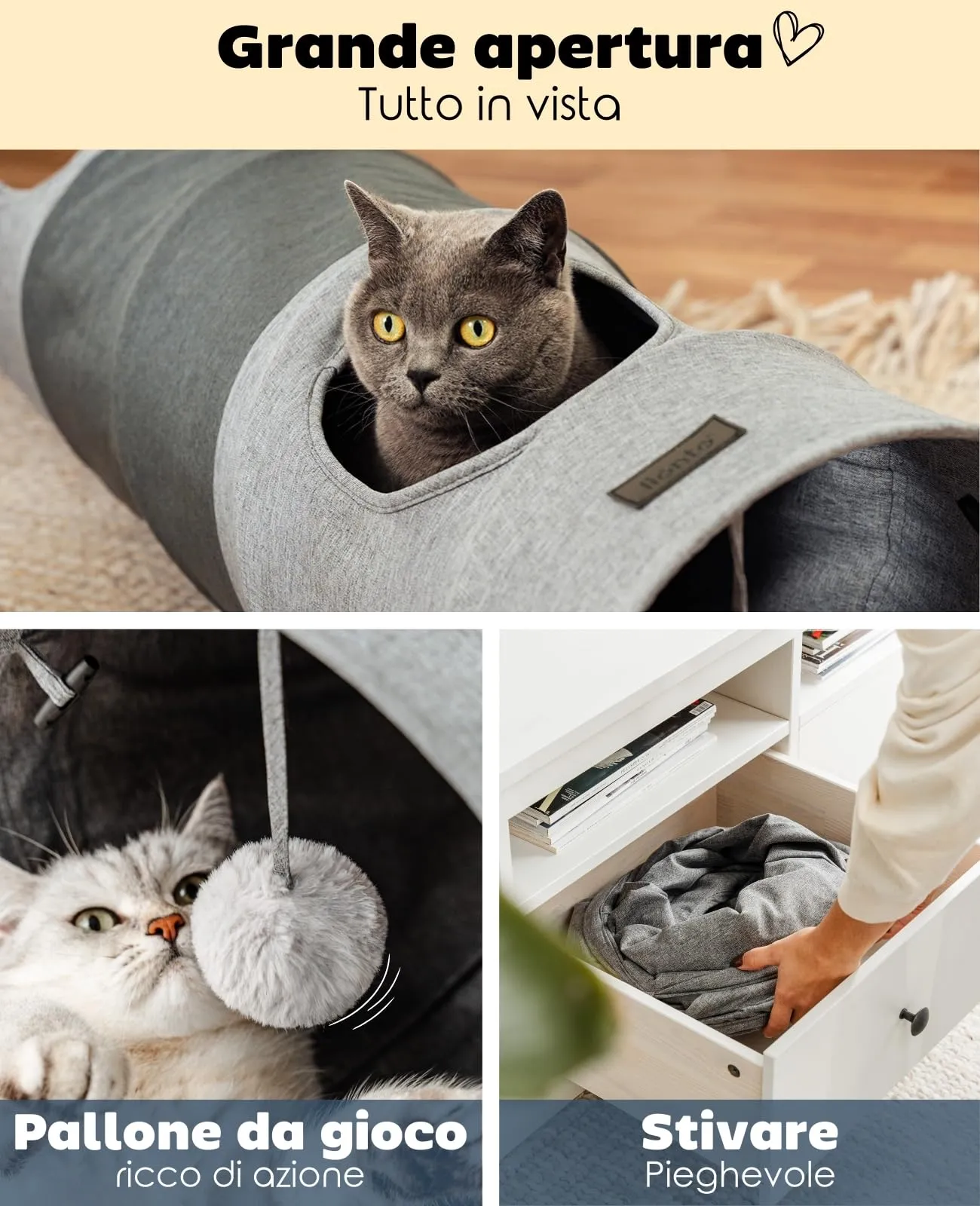 lionto Tunnel per Gatti con Pallina, Pieghevole ed Espandibile, 30x130 cm - immagine 3