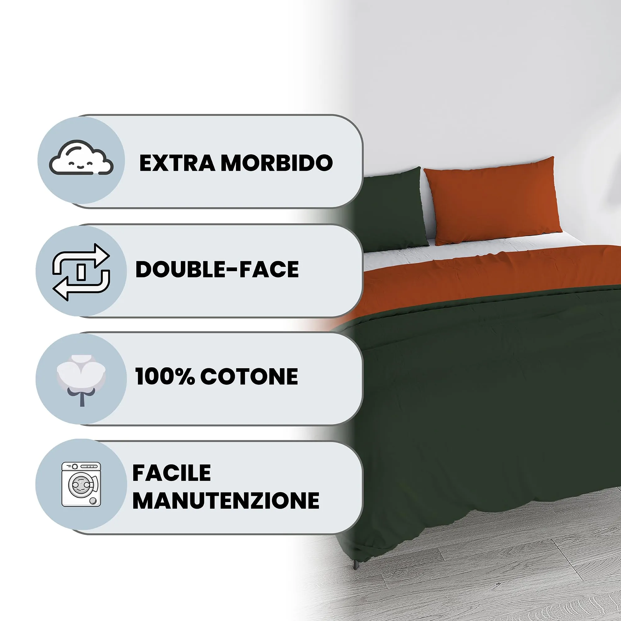 Italian Bed Linen Set Copripiumino 100% Cotone, Matrimoniale 250x200 cm, Verde Oliva/Terra - immagine 2