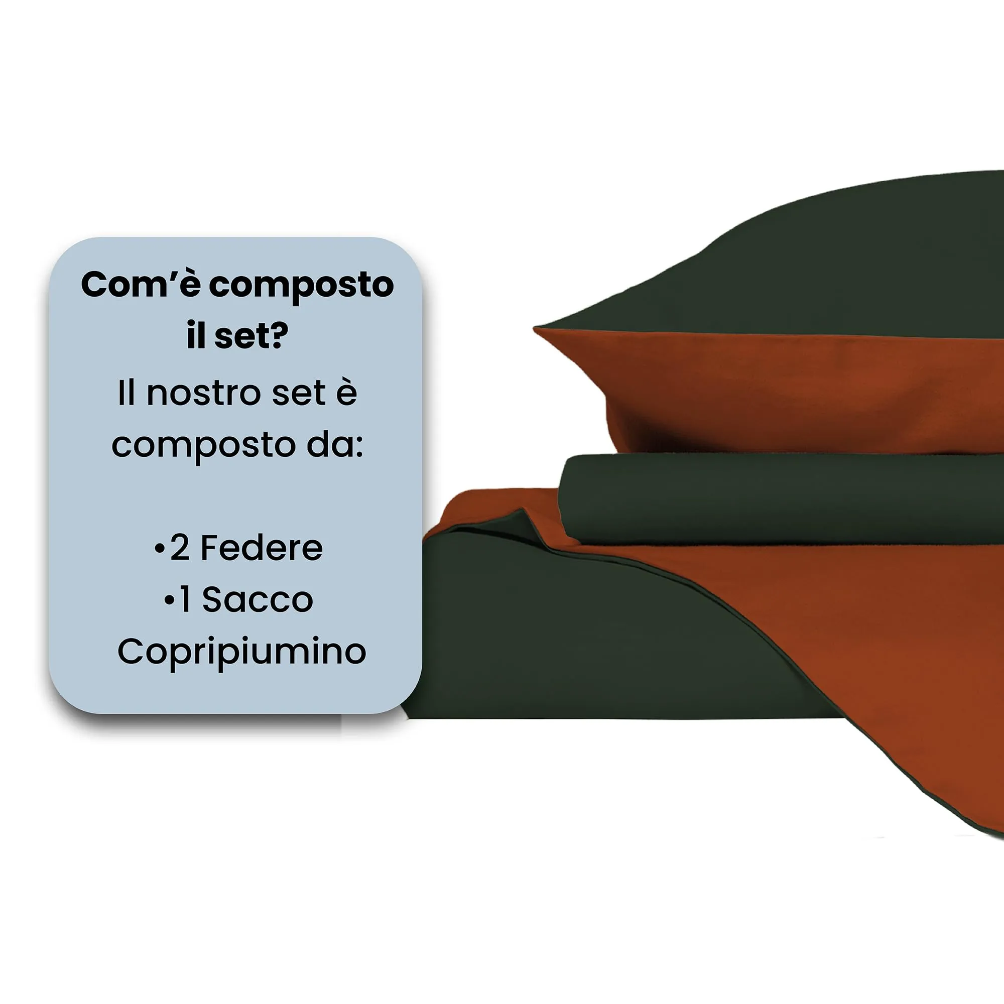 Italian Bed Linen Set Copripiumino 100% Cotone, Matrimoniale 250x200 cm, Verde Oliva/Terra - immagine 4