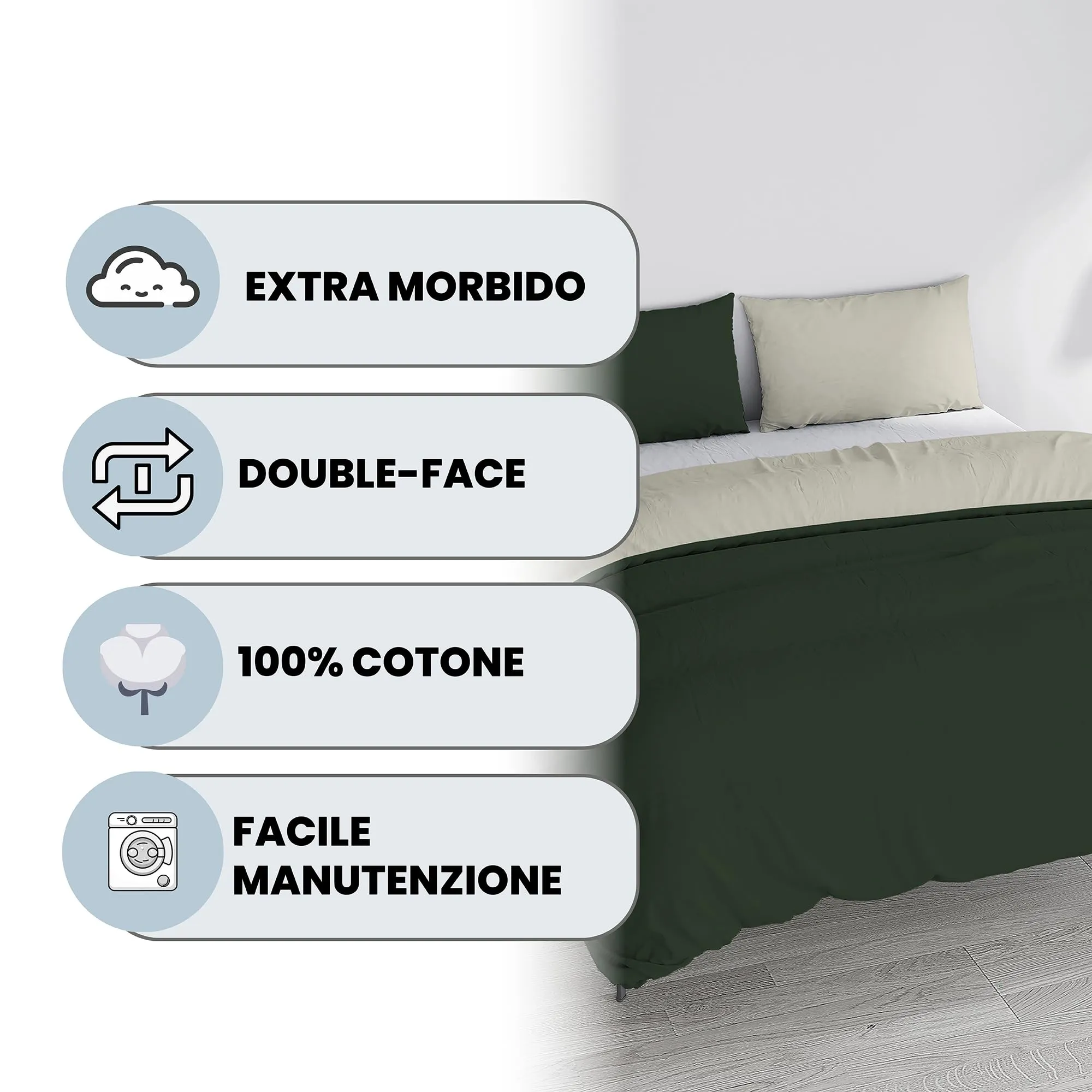 Italian Bed Linen Set Copripiumino 100% Cotone Matrimoniale 250x200 cm, Verde Oliva/Panna - immagine 2