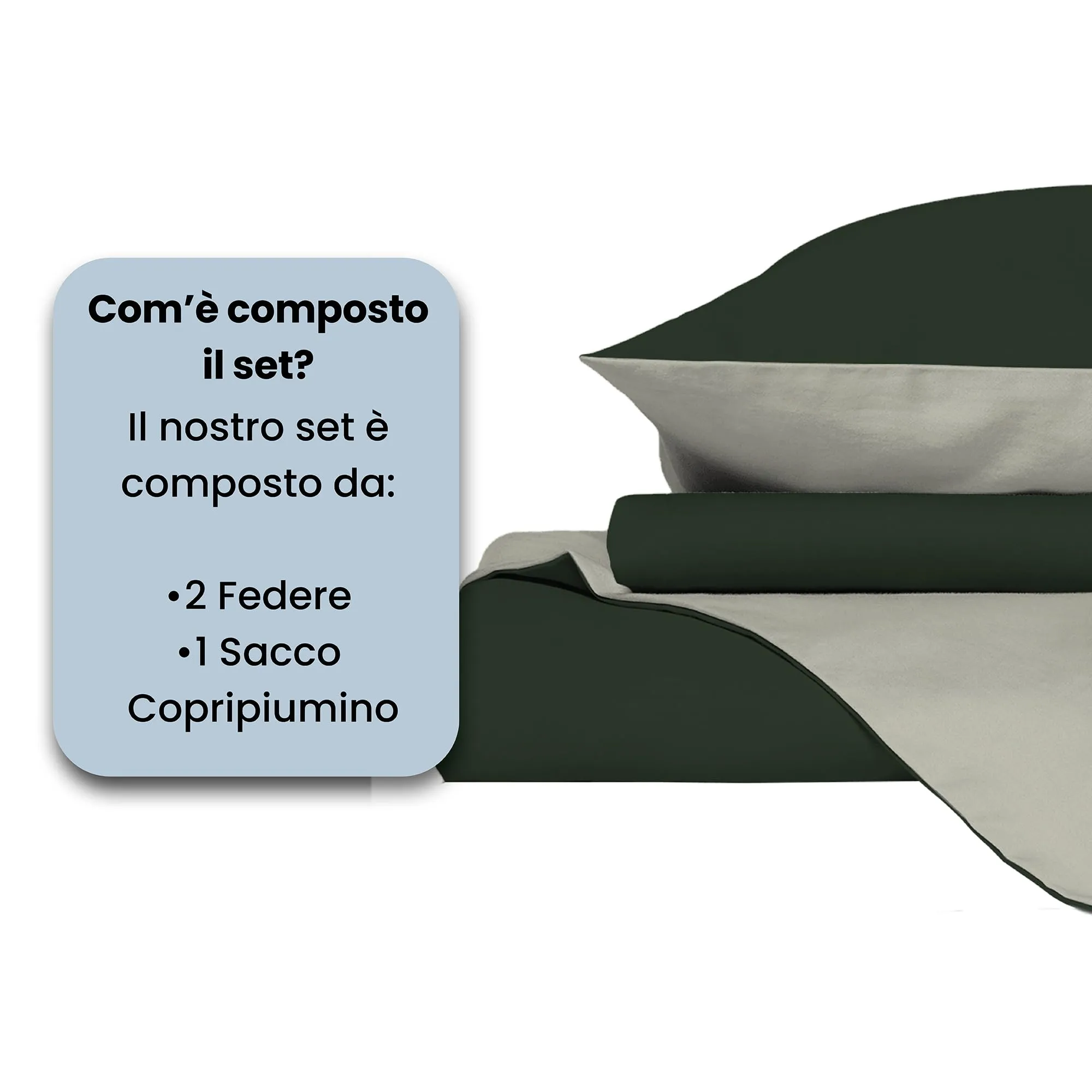 Italian Bed Linen Set Copripiumino 100% Cotone Matrimoniale 250x200 cm, Verde Oliva/Panna - immagine 4