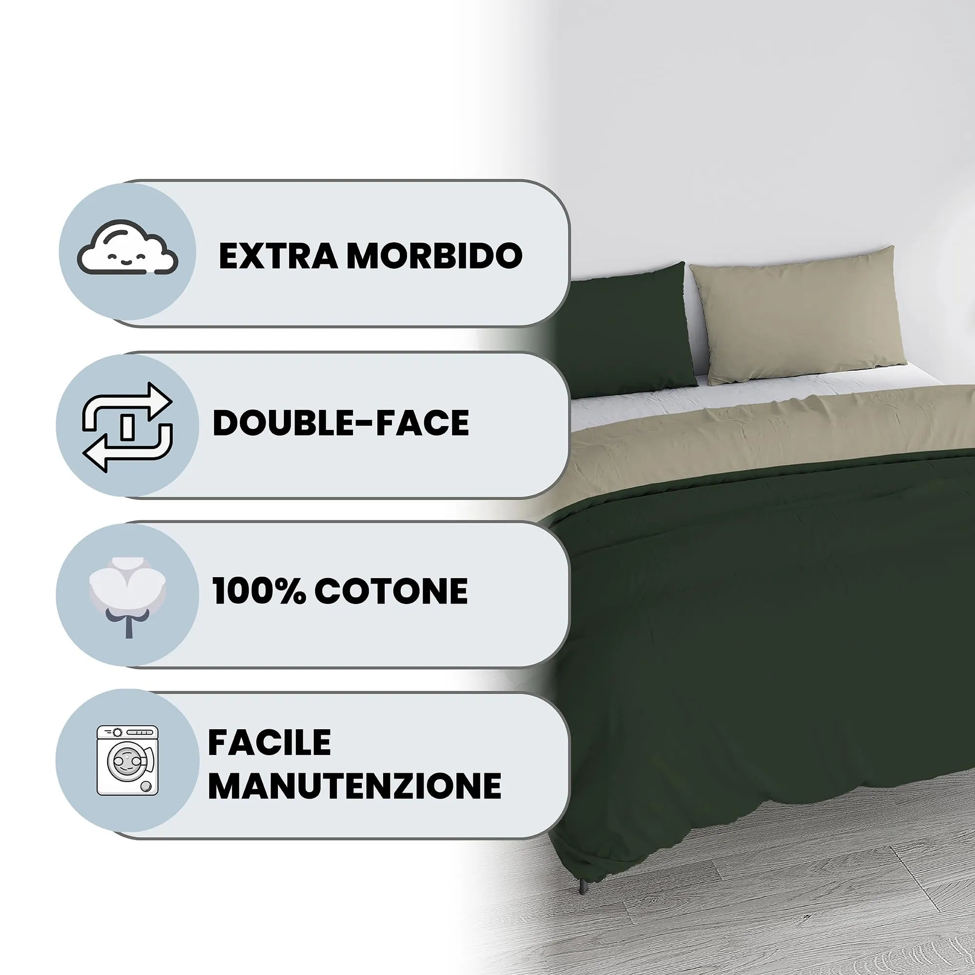 Italian Bed Linen Set Copripiumino 100% Cotone Matrimoniale 250x200 cm, Verde Oliva/Tortora - immagine 2
